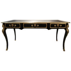 Vintage Louis XV Style Bureau Plat Desk, Black with Gilded Bronze Details