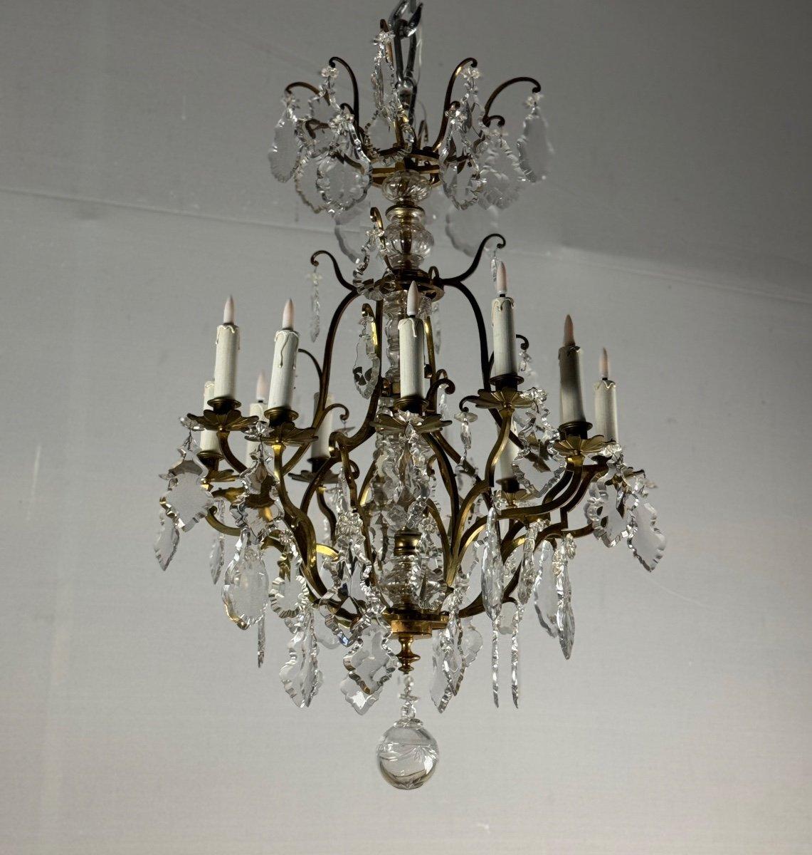 Italiano Lampadario a gabbia in stile Luigi XV in bronzo dorato con nappe Circa 1920 in vendita
