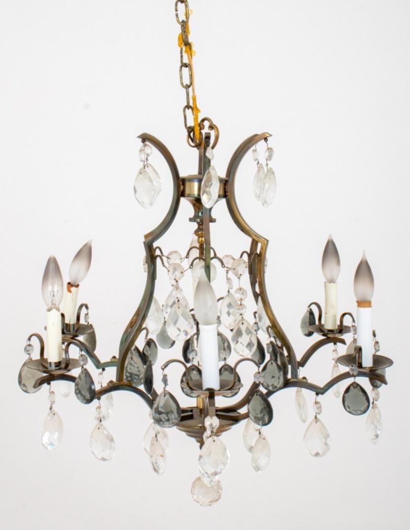 Louis XV style cage for six light chandelier in wrought iron and hung with faceted clear and smoke-tinted crystals. Measures: 27