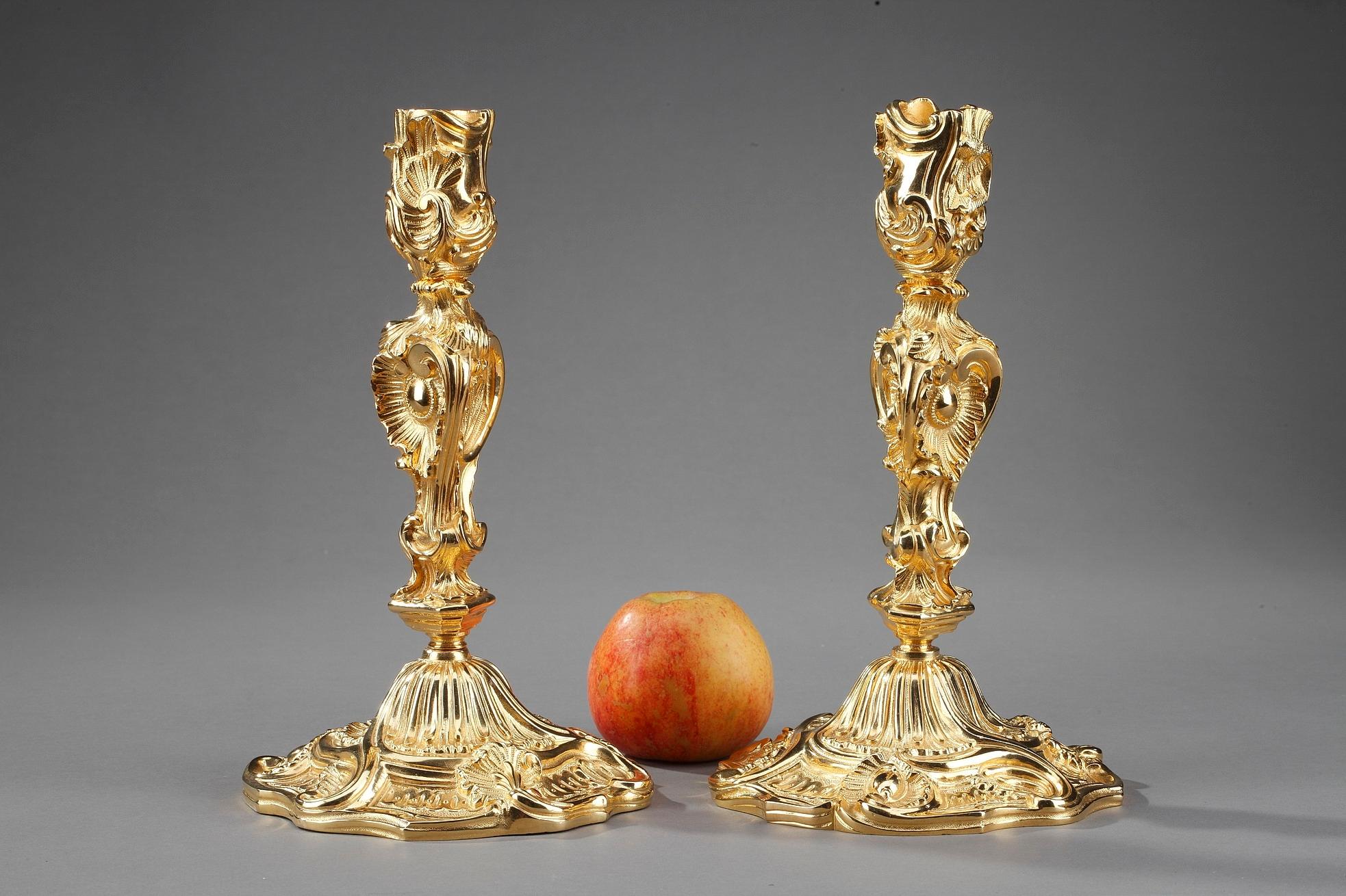 French Louis XV Style Candlesticks in Gilt Bronze