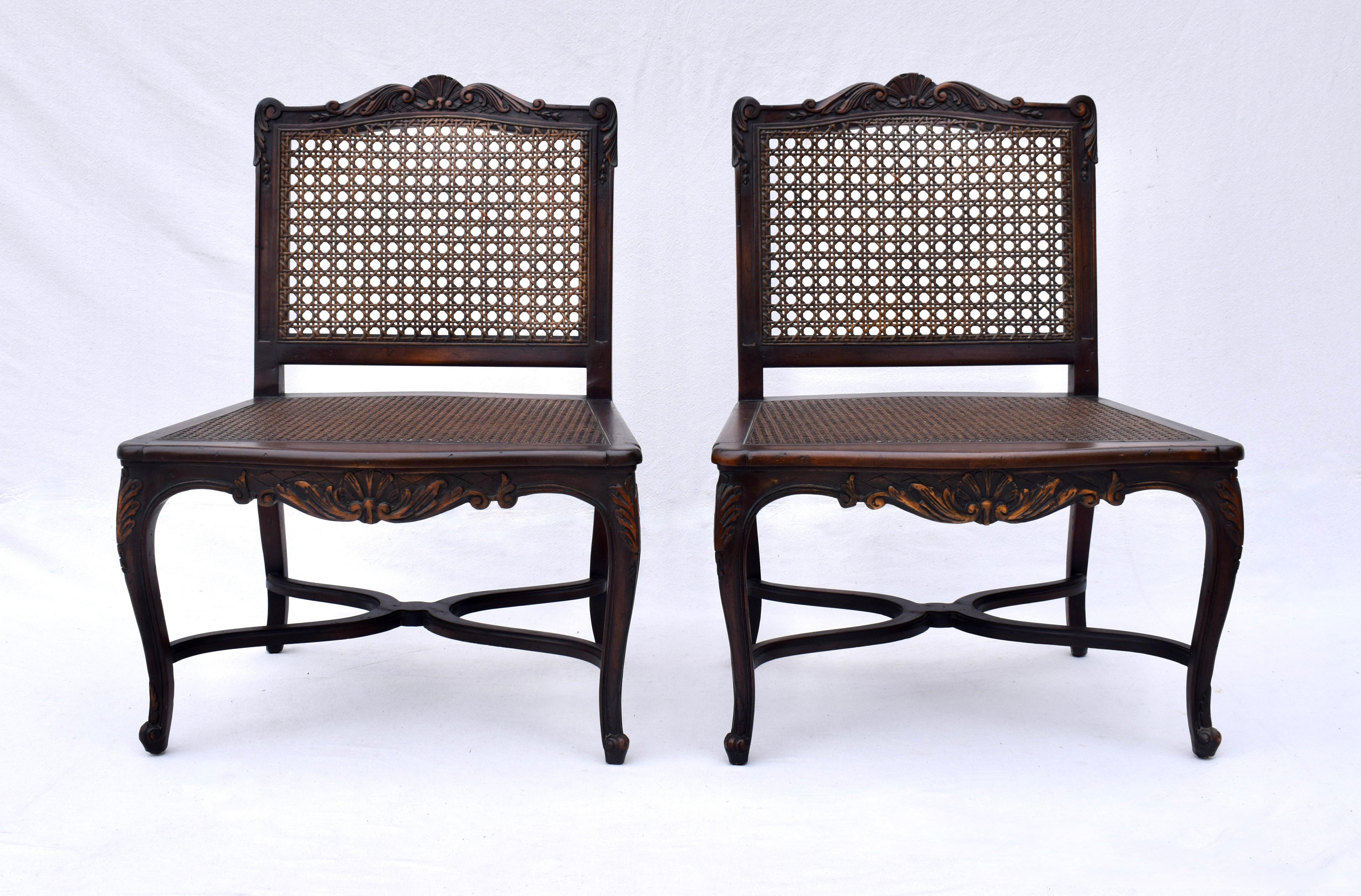 A pair of early 20th C. French Country slipper chairs with beautifully maintained cane seats & backs.  The pair is enhanced with custom cushions upholstered in the mid 1970's in Jack Lenor Larsen, Chevron velvet ; rarely if ever used condition