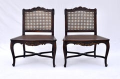 French Provincial Slipper Chairs with Cane & Velvet, Rocaille Carvings