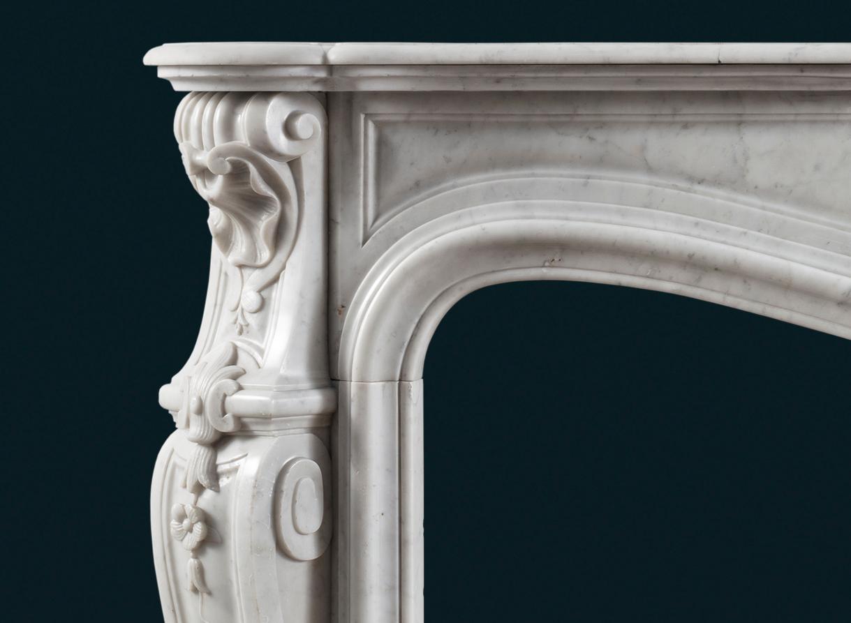 Hand-Carved Louis XV Style Carrara Marble Fireplace Surround in the Rococo Manner For Sale