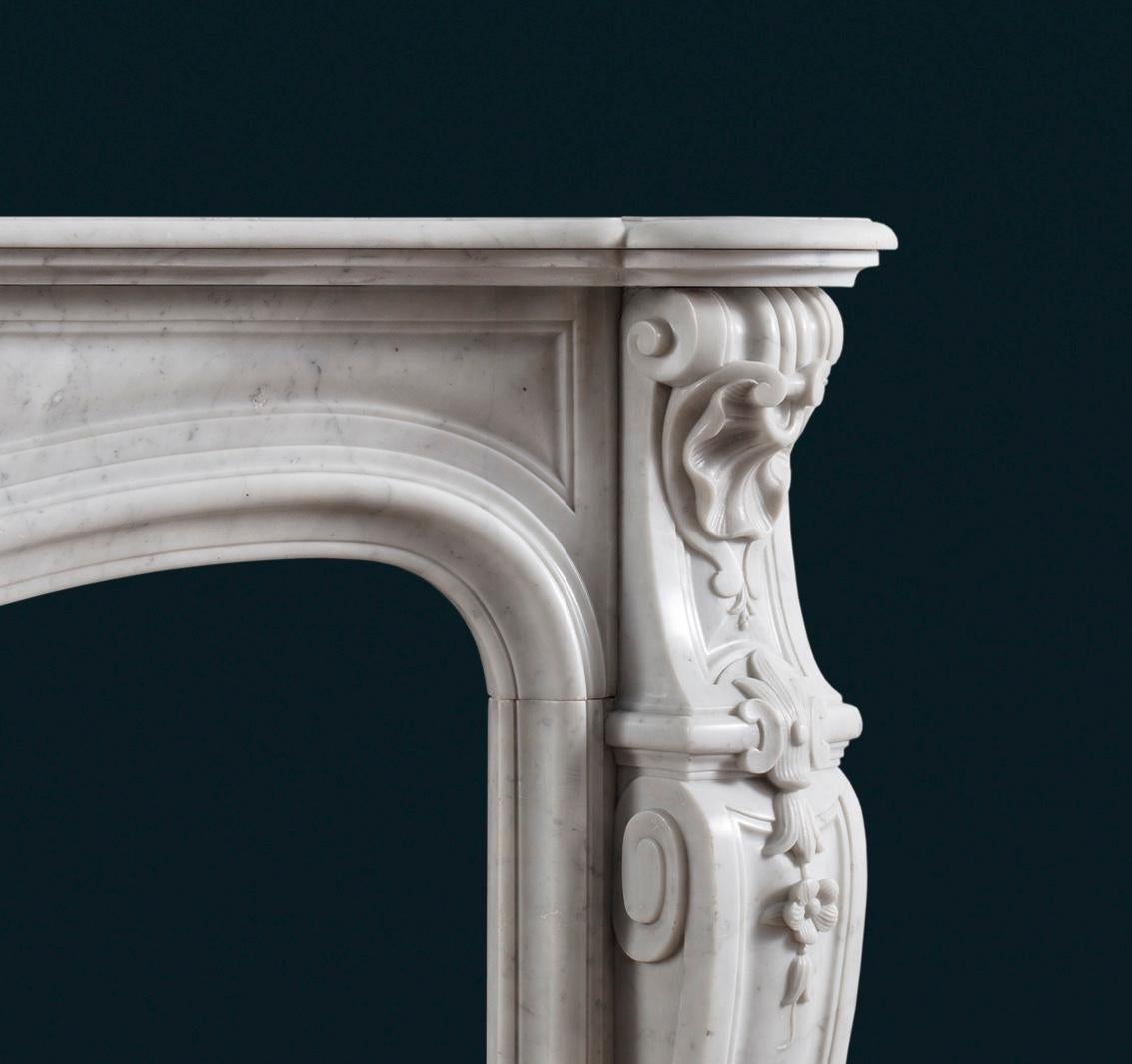 19th Century Louis XV Style Carrara Marble Fireplace Surround in the Rococo Manner For Sale