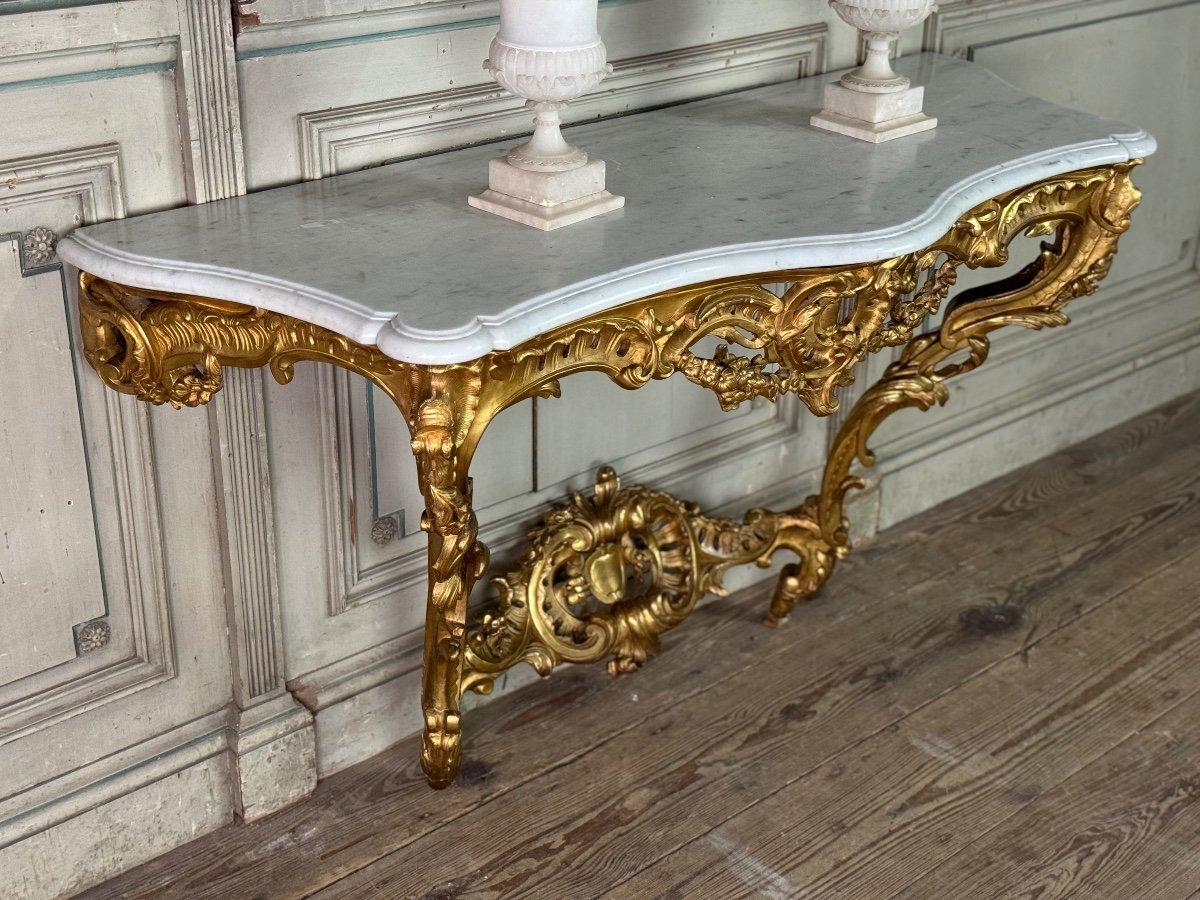 Louis XV Style Carved And Gilt Wood Carrara Marble Console, 19th Century 1