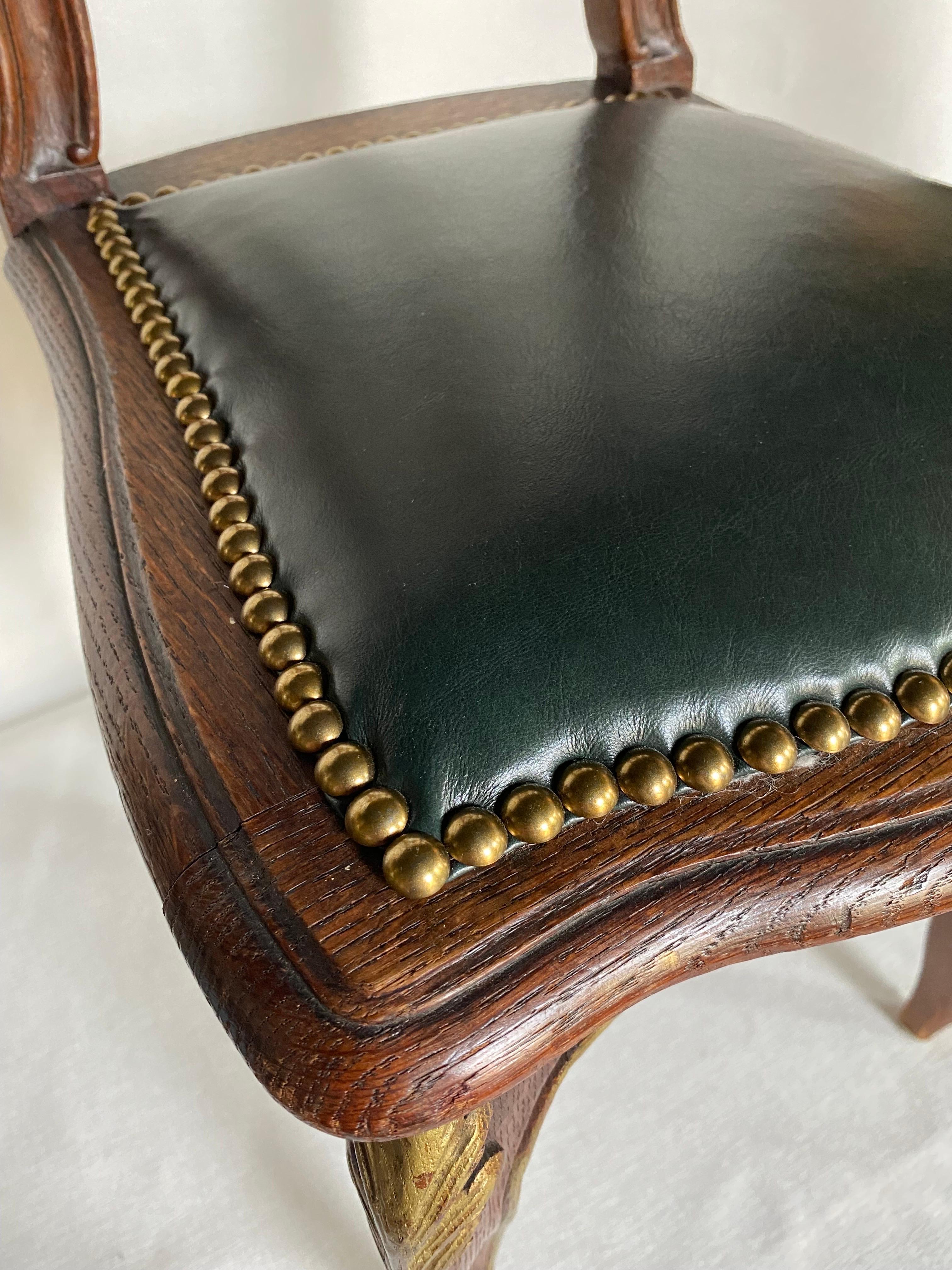 Louis XV Style Carved Gilt Wood Side Accent Leather Chair For Sale 9