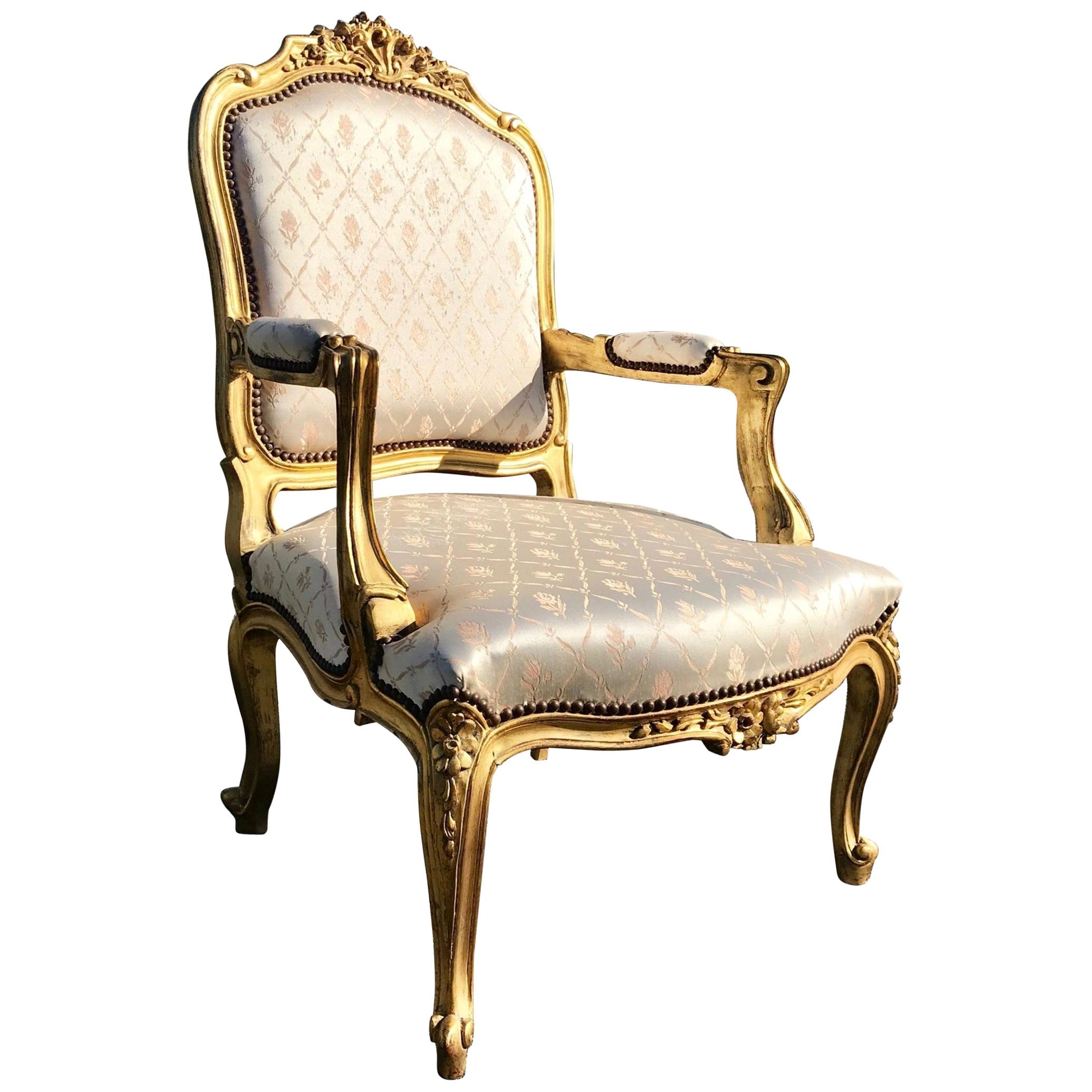 Louis XV Style Carved Giltwood Armchair Fauteuil