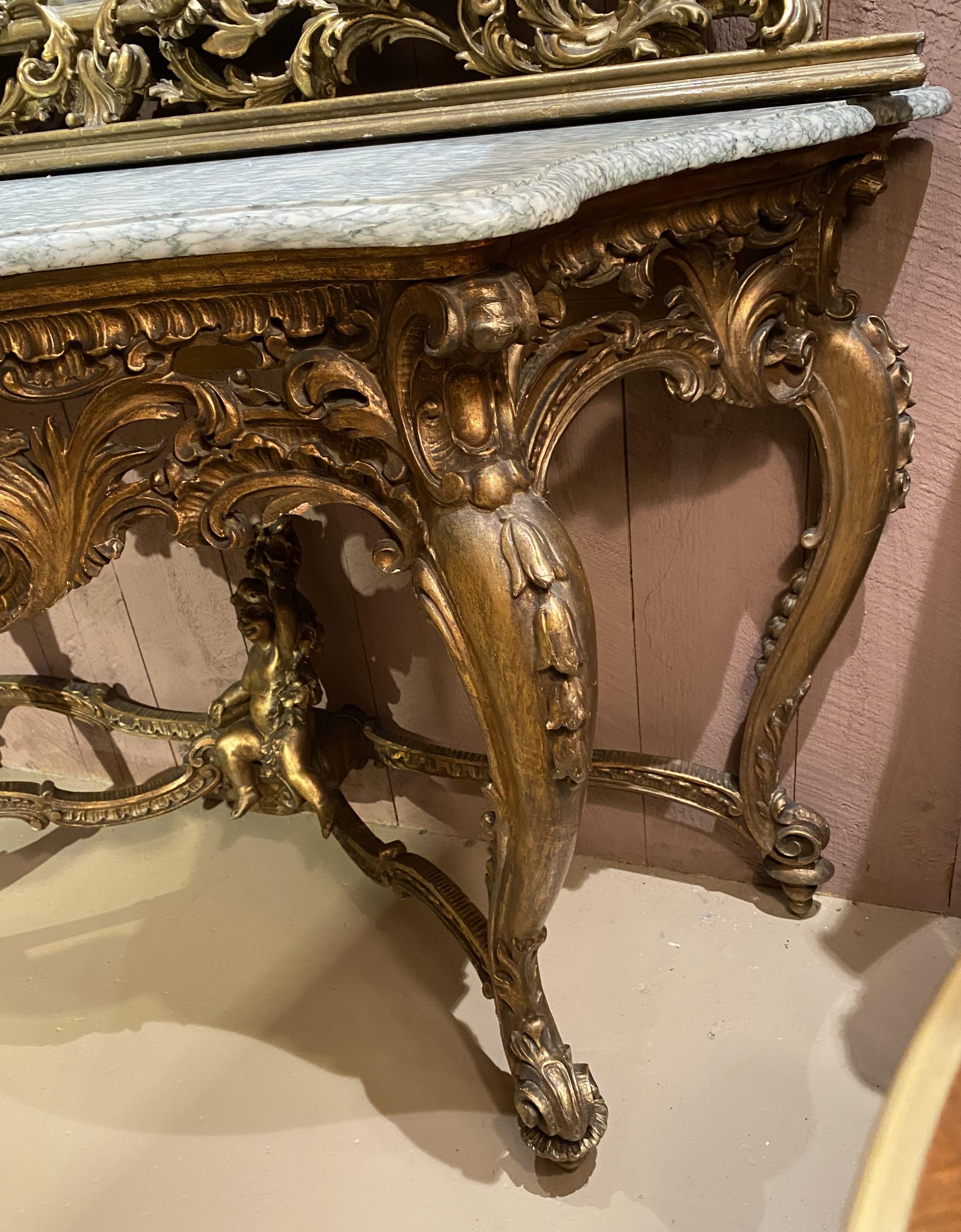 Louis XV Style Carved Giltwood Marble Top Console with Mirror En Suite For Sale 4