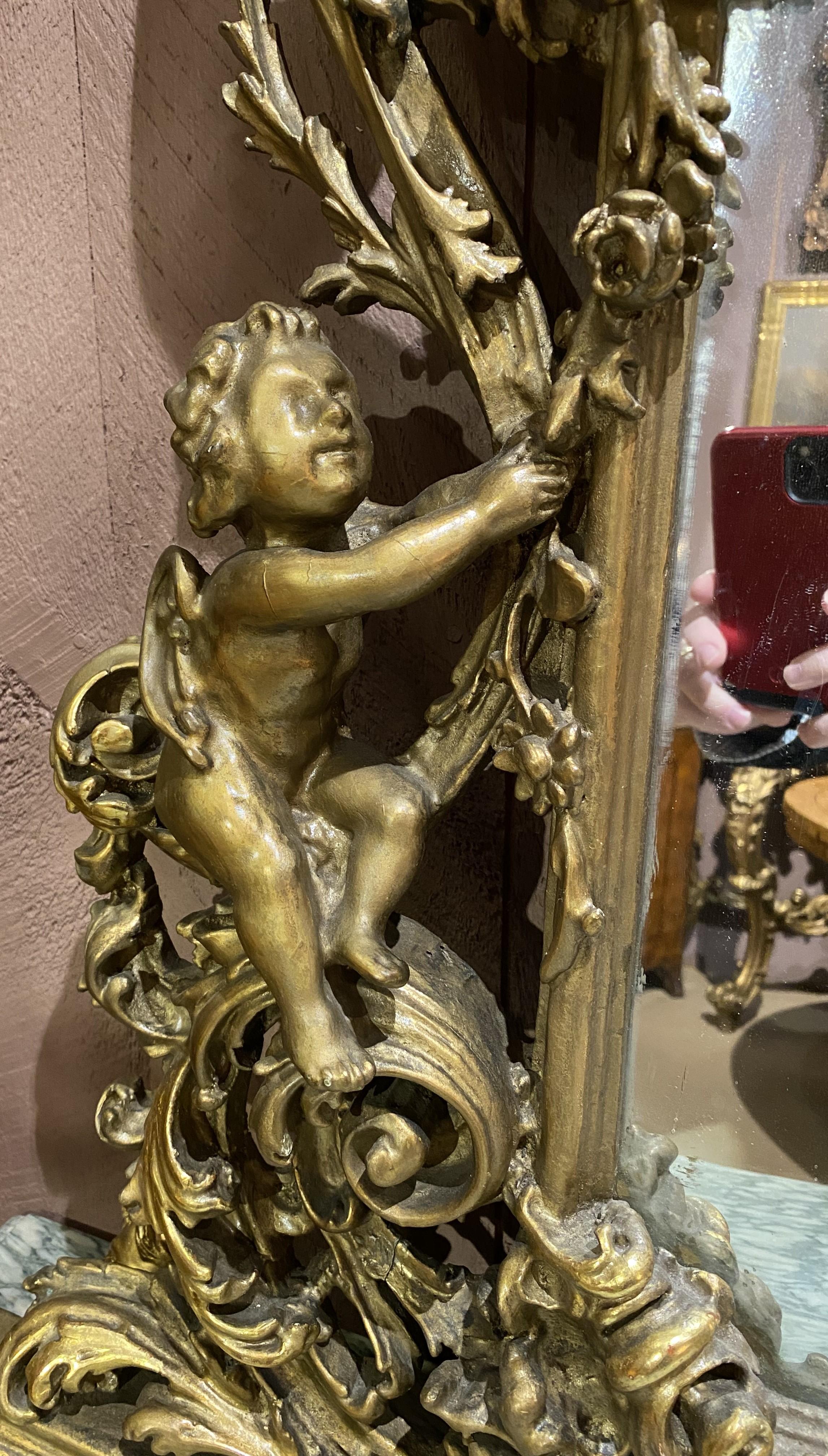 Louis XV Style Carved Giltwood Marble Top Console with Mirror En Suite For Sale 6