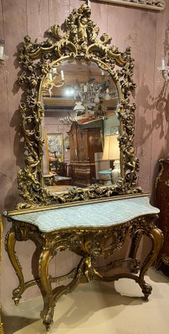 Louis XV Style Carved Giltwood Marble Top Console with Mirror En Suite
