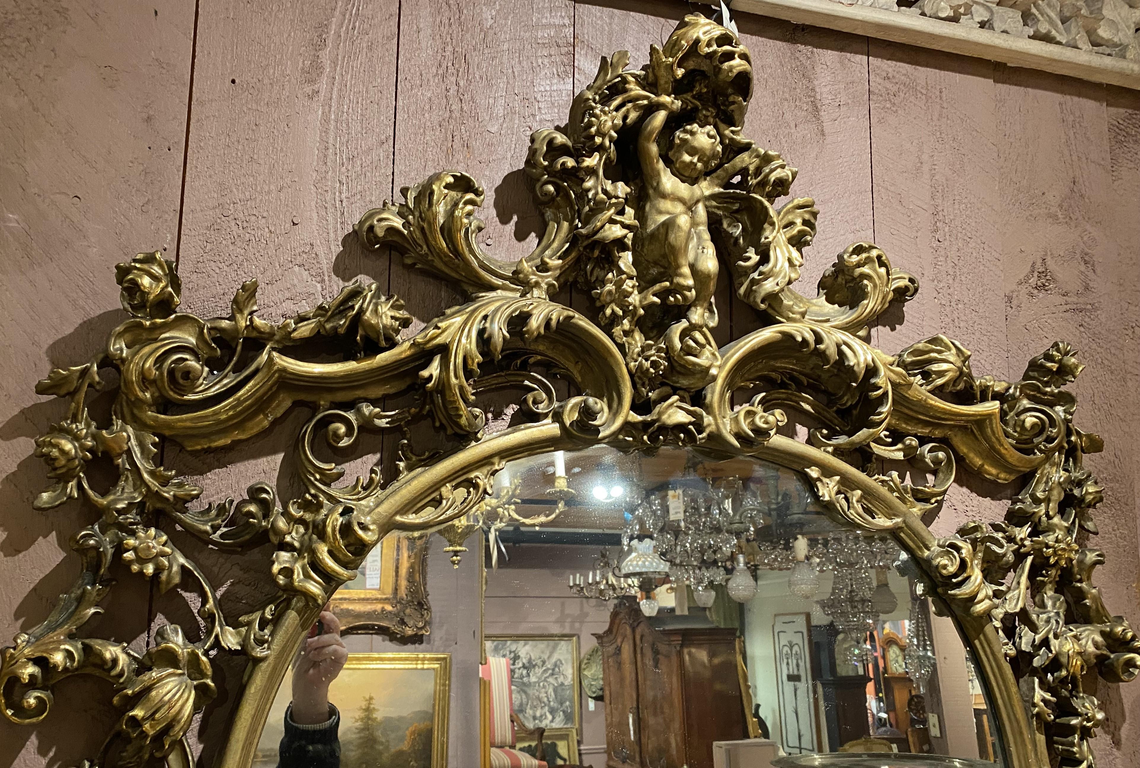 French Louis XV Style Carved Giltwood Marble Top Console with Mirror En Suite For Sale