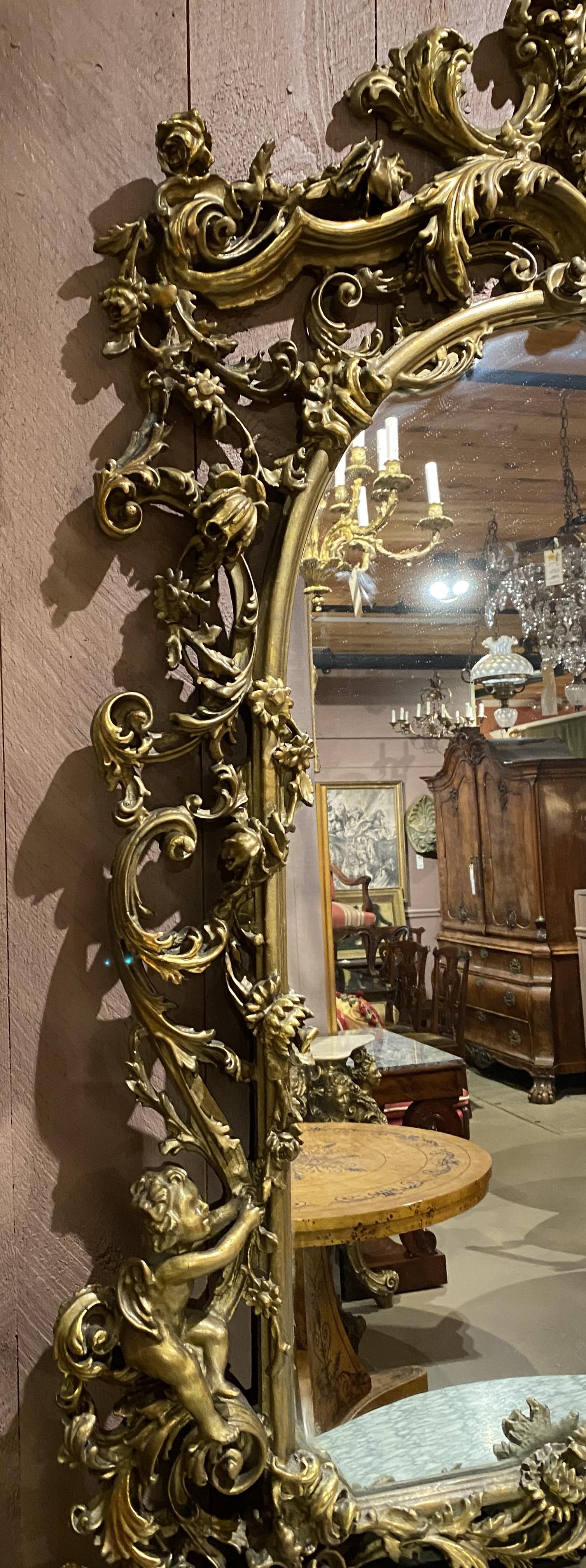 Hand-Carved Louis XV Style Carved Giltwood Marble Top Console with Mirror En Suite For Sale