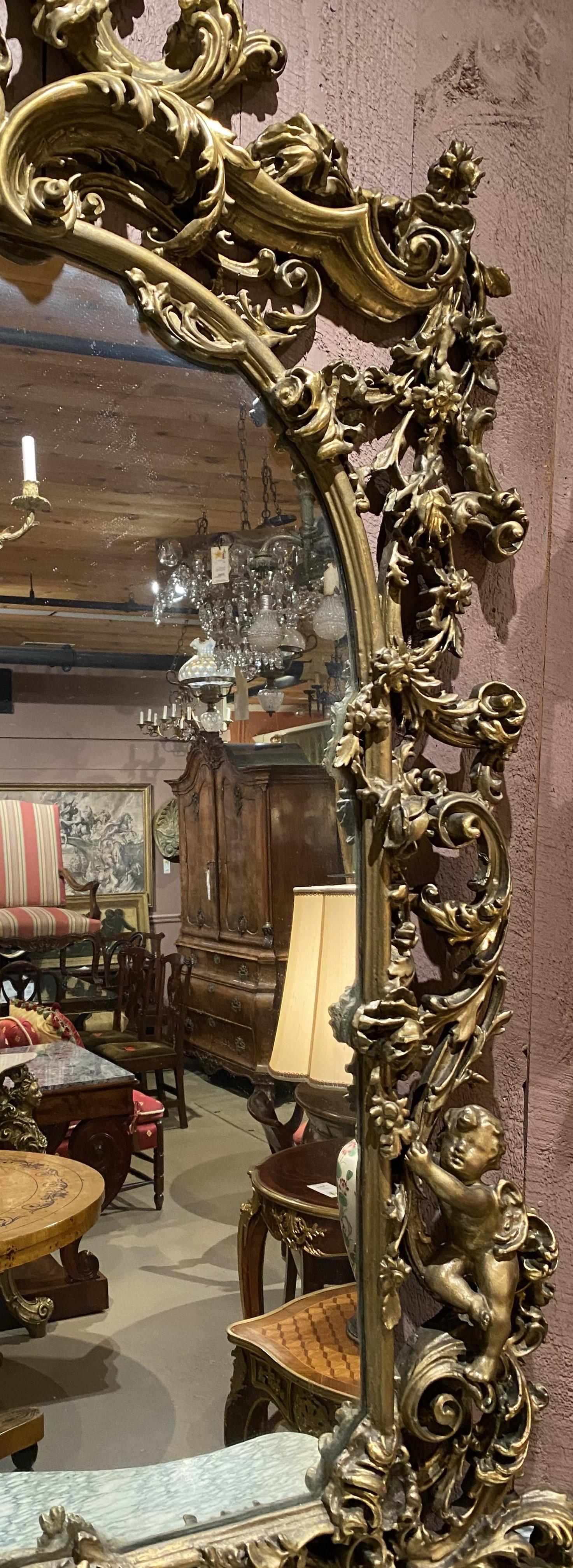 Louis XV Style Carved Giltwood Marble Top Console with Mirror En Suite In Good Condition For Sale In Milford, NH