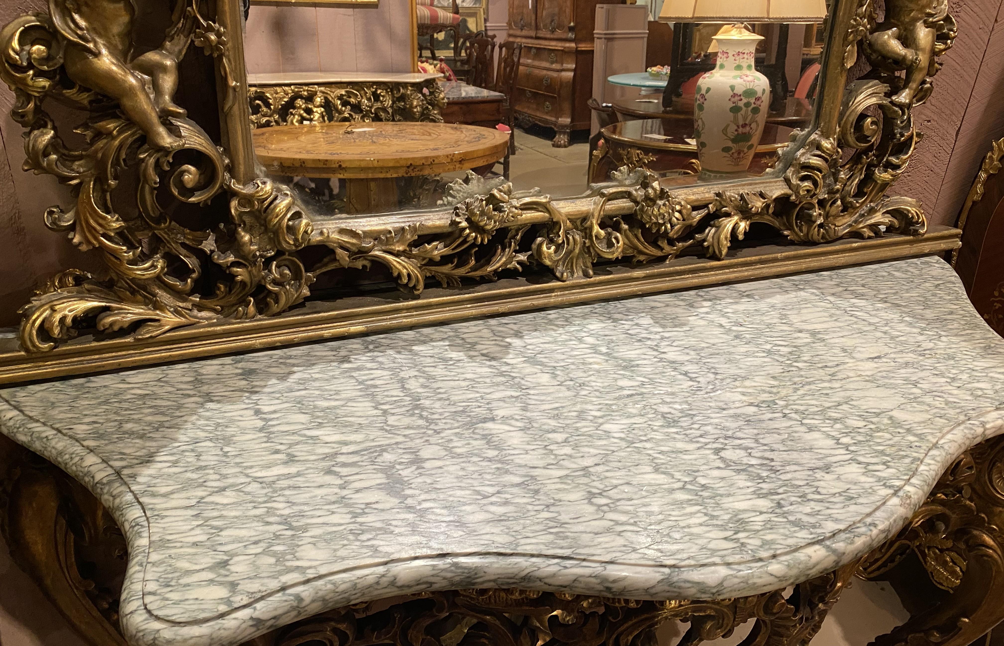 19th Century Louis XV Style Carved Giltwood Marble Top Console with Mirror En Suite For Sale