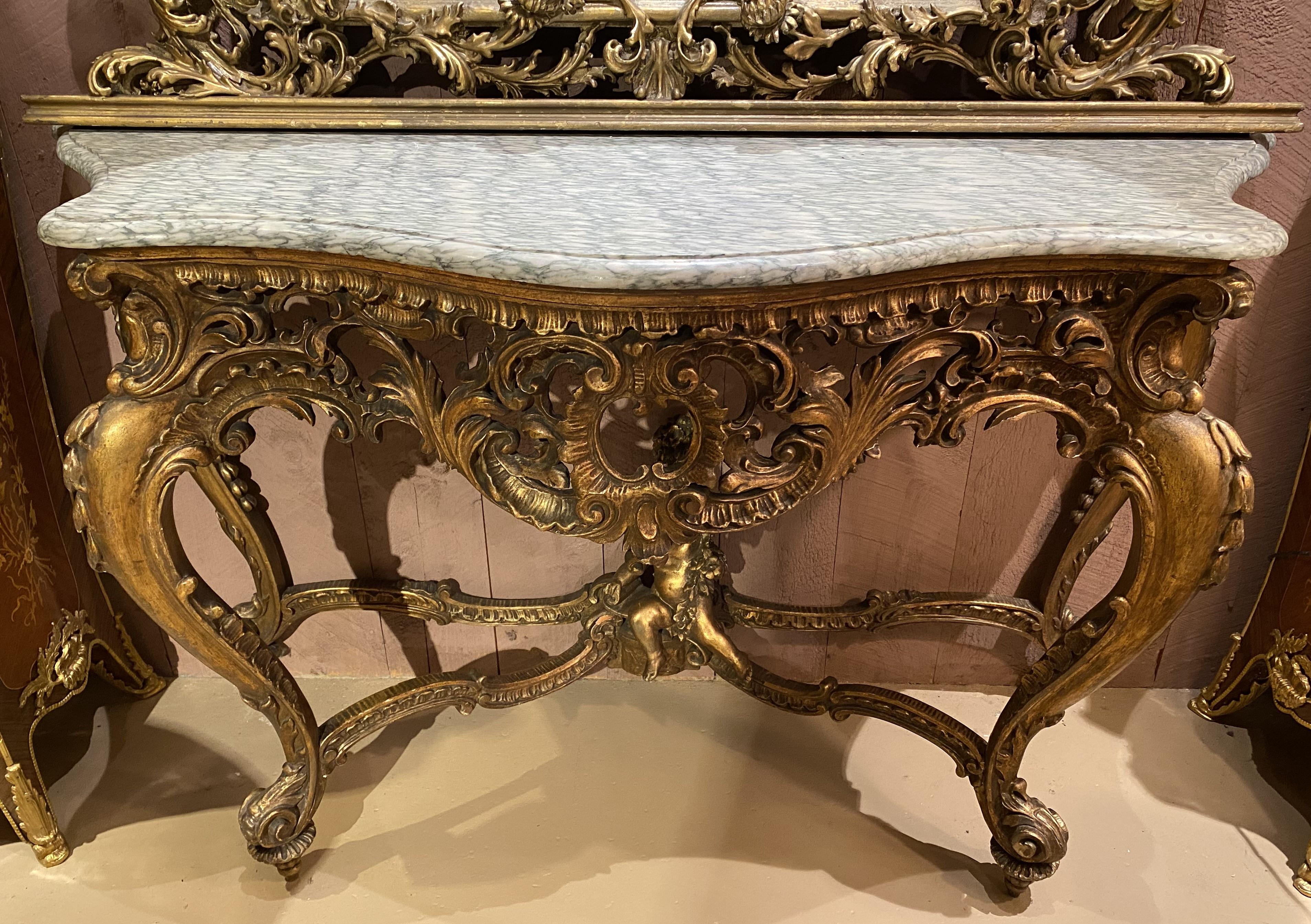 Gesso Louis XV Style Carved Giltwood Marble Top Console with Mirror En Suite For Sale