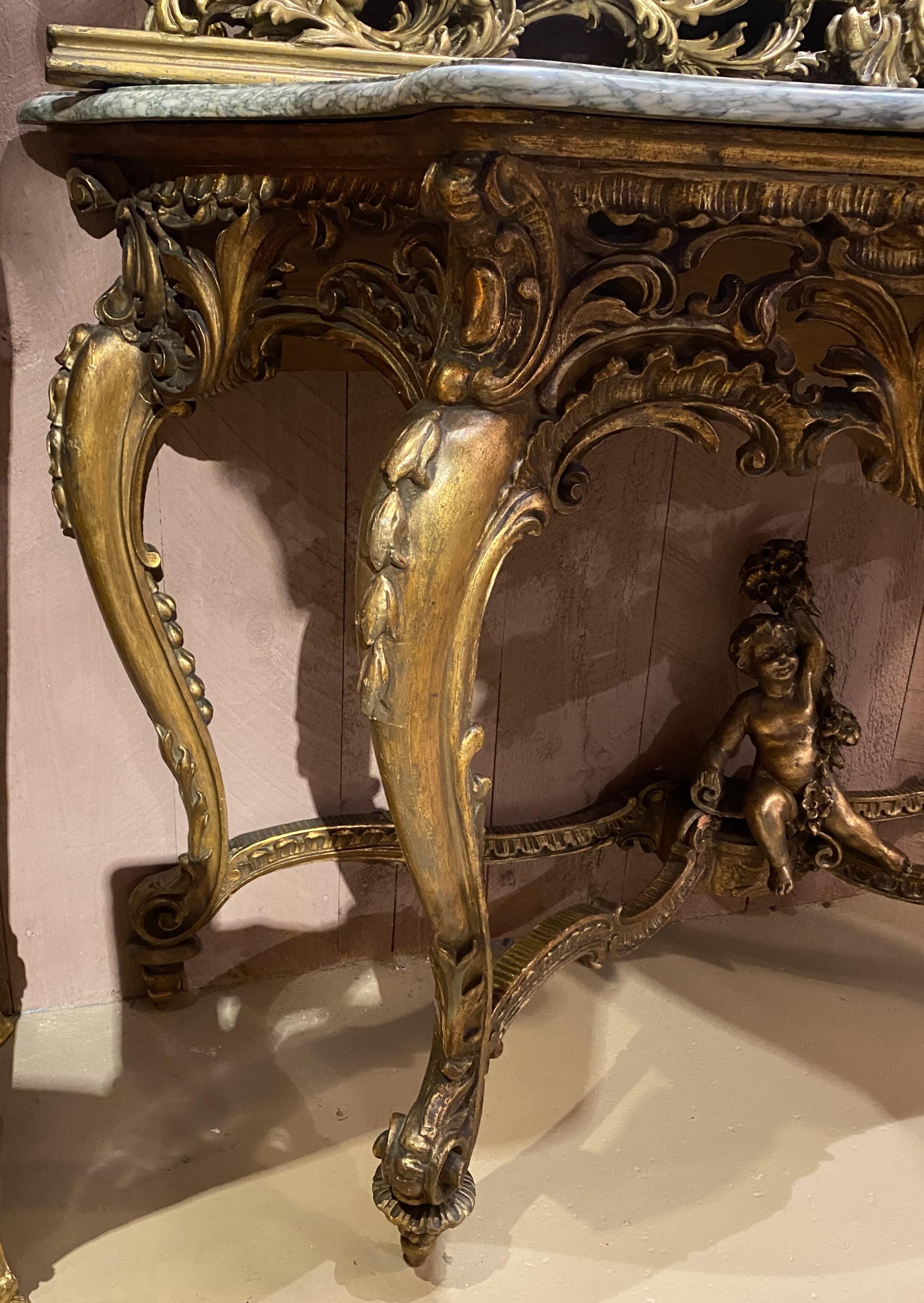 Louis XV Style Carved Giltwood Marble Top Console with Mirror En Suite For Sale 1