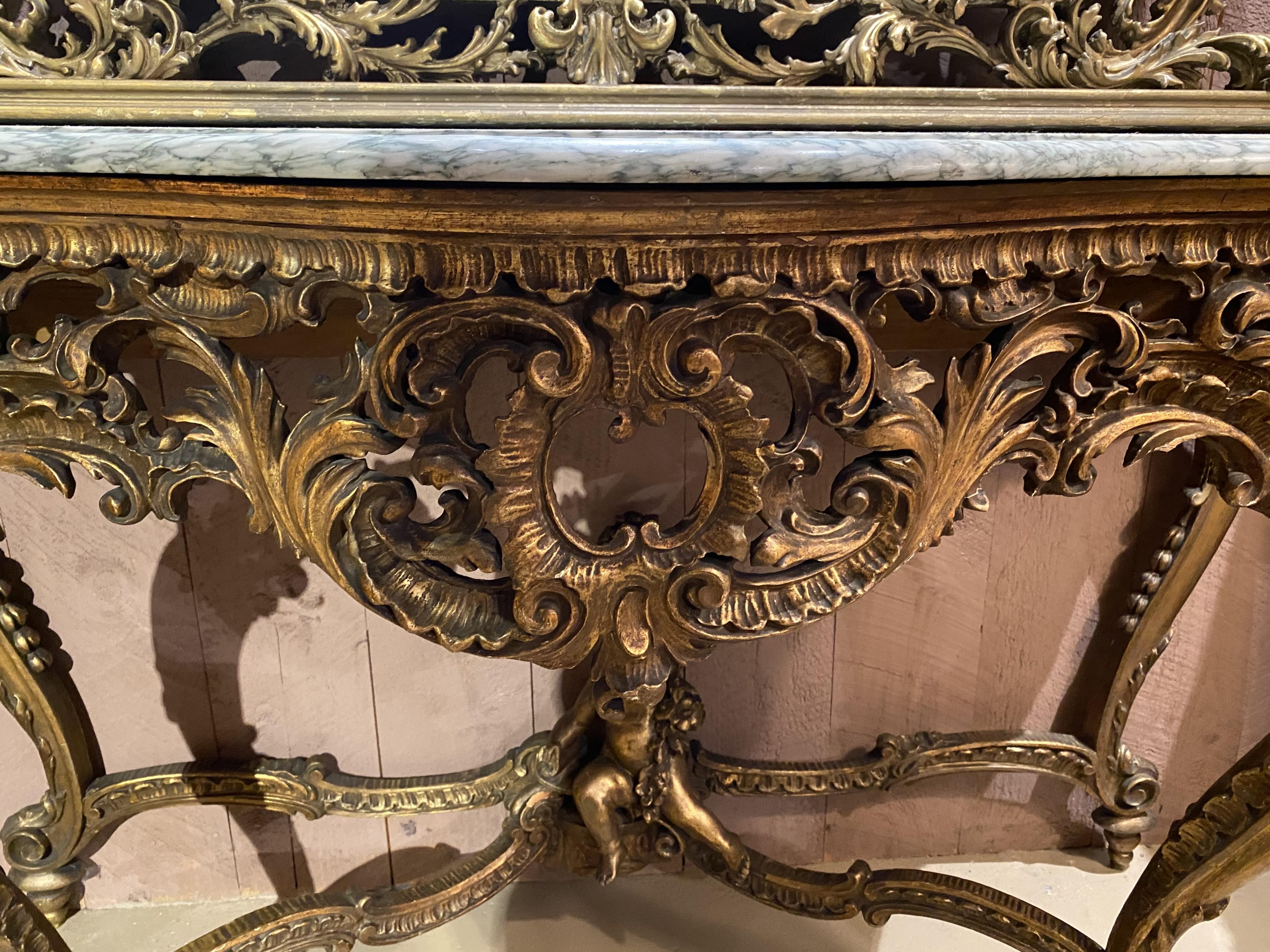 Louis XV Style Carved Giltwood Marble Top Console with Mirror En Suite For Sale 2