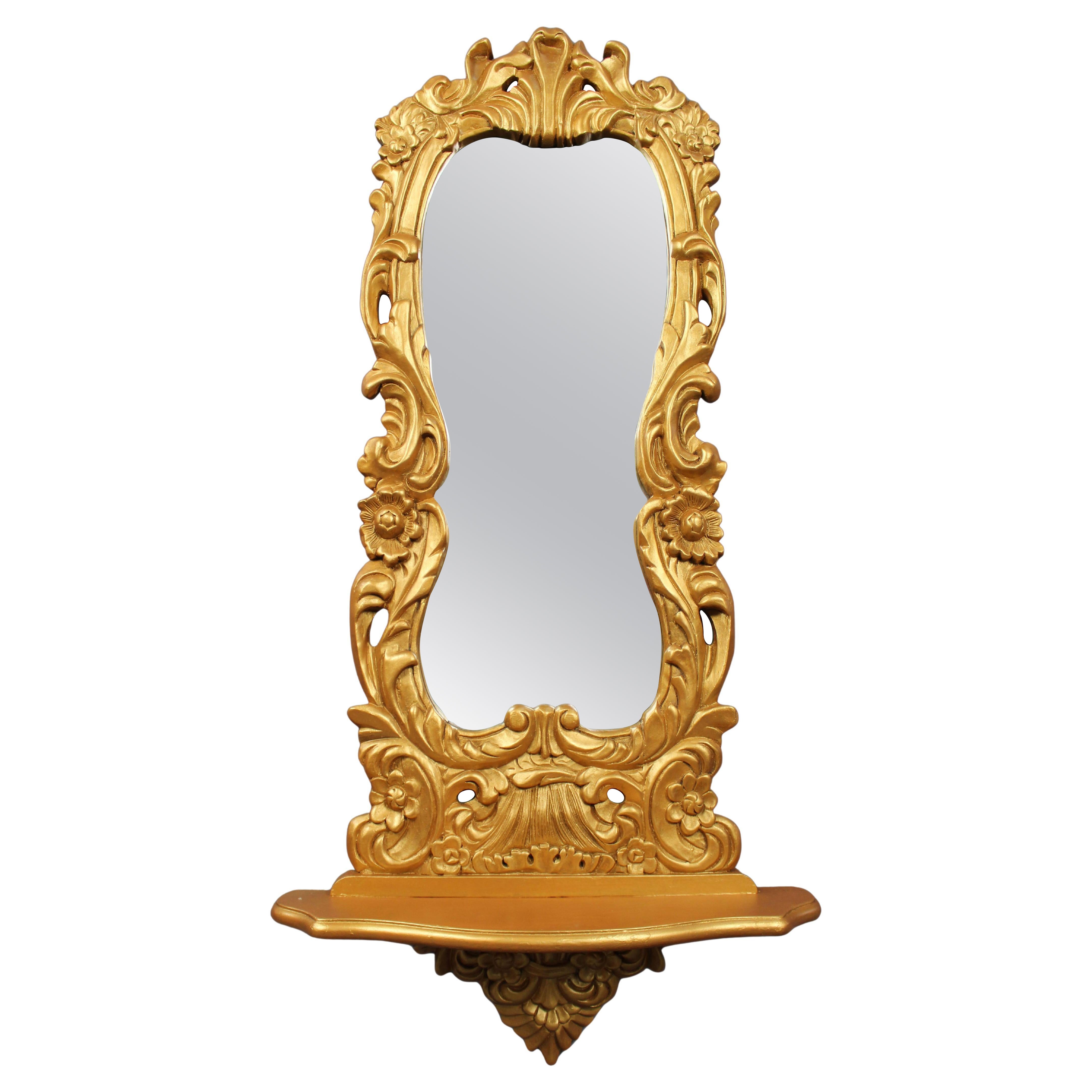 Louis XV Style Carved Giltwood Wall Mirror with Bracket Shelf