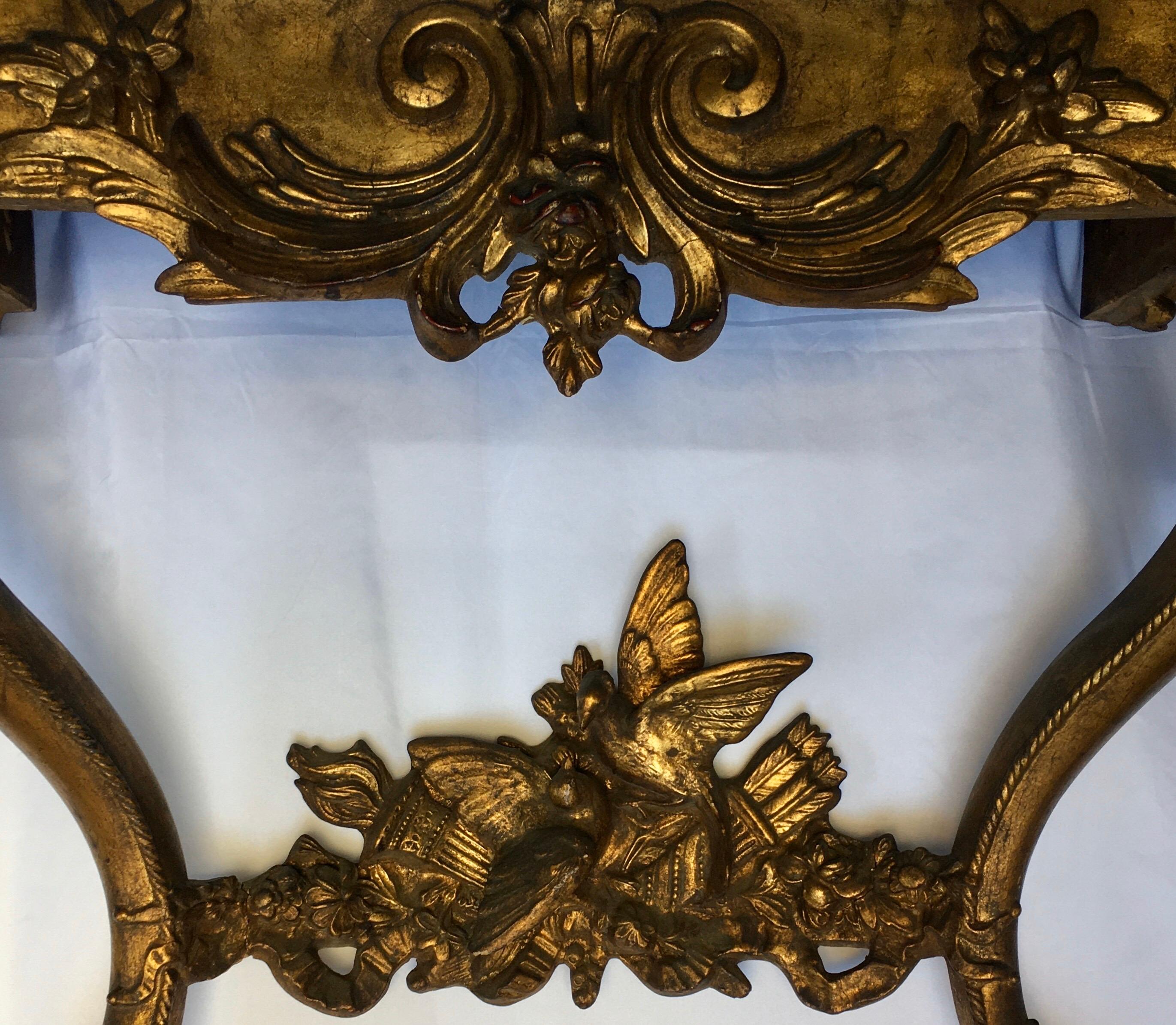 Hand-Carved Louis XV Style Carved Giltwood Wall Mounted Bird Console Table, France