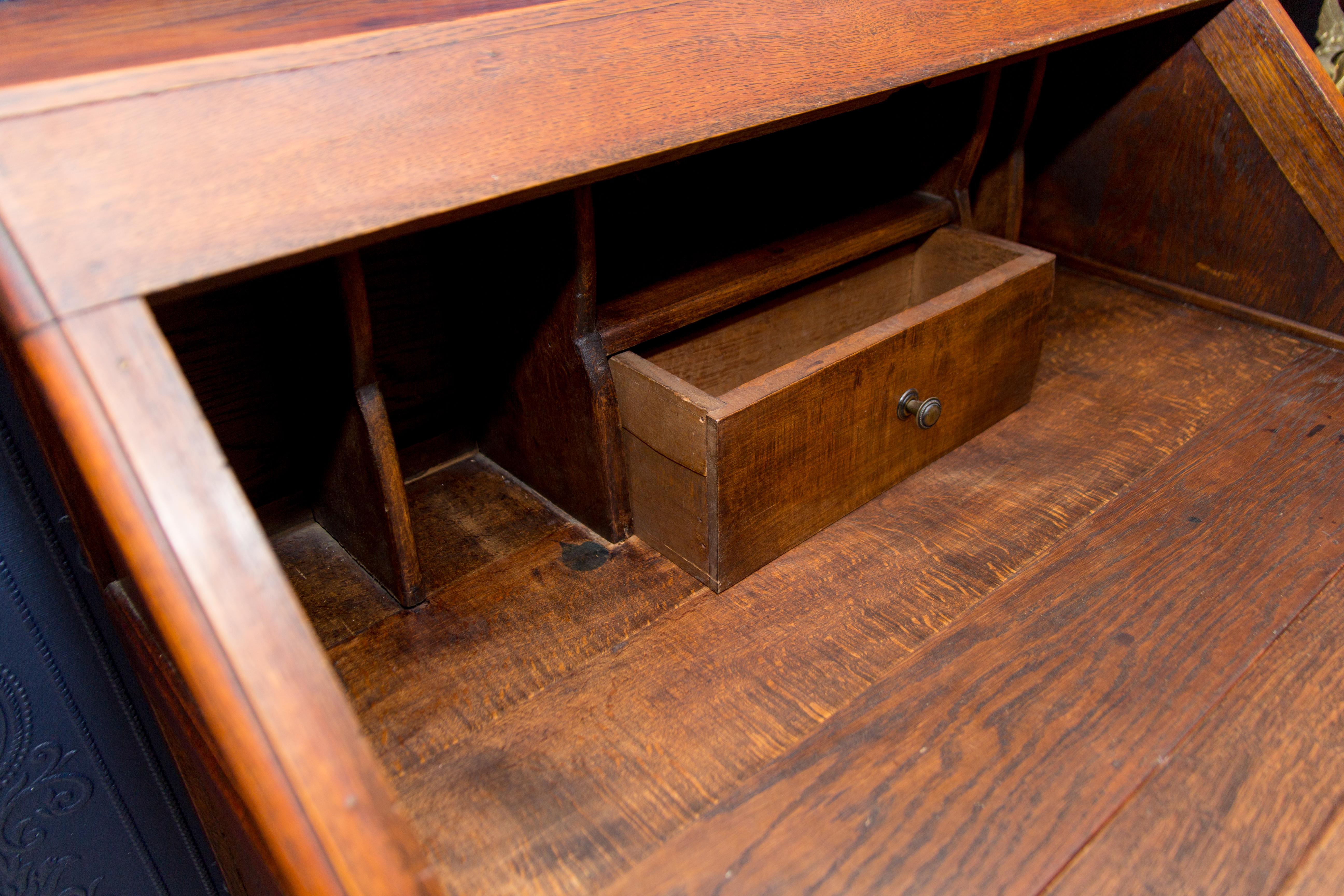 Louis XV Style Carved Oak Drop Front Two Drawers Secretary Bureau, 1920s For Sale 8