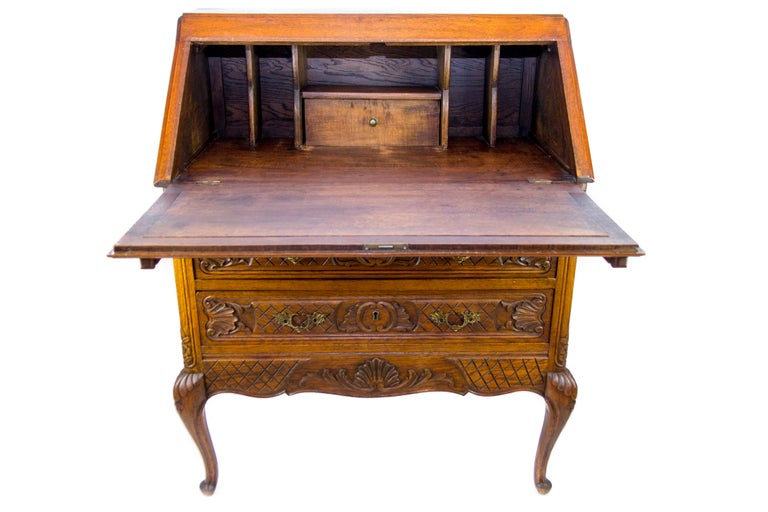 Louis Xv Style Carved Oak Drop Front Two Drawers Secretary Bureau