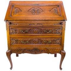 Louis XV Style Carved Oak Drop Front Two Drawers Secretary Bureau, 1920s