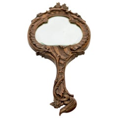 Antique Louis XV Style Carved Oakwood Hand Mirror, France, 1920
s
