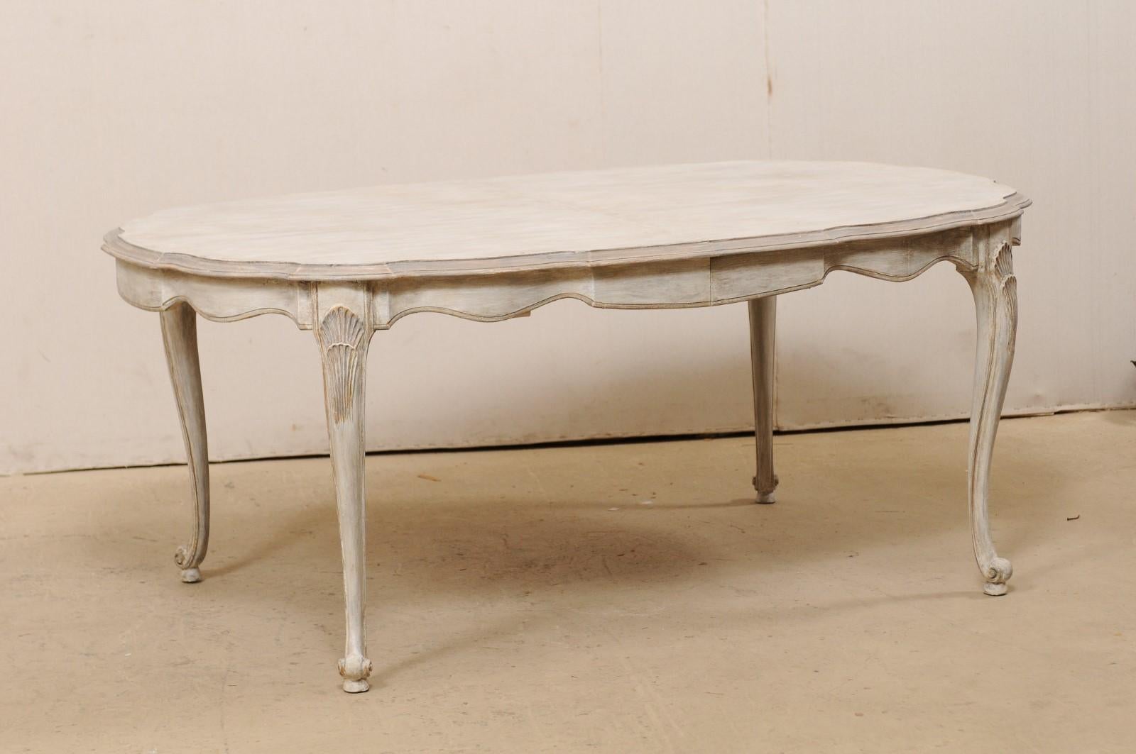 American Louis XV Style Carved & Painted Wood Oval-Shaped Dining Table w/ Scalloped Apron