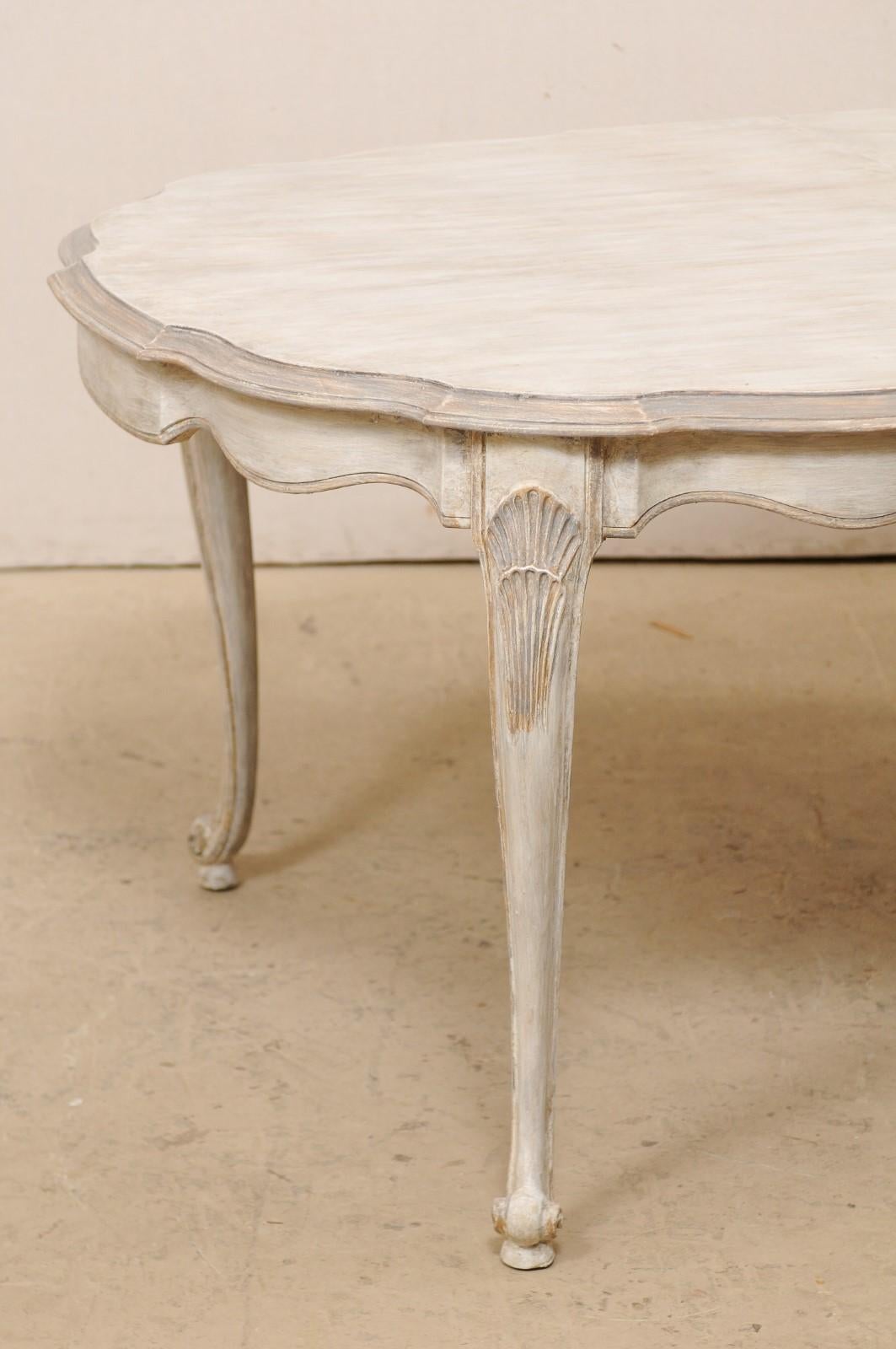 20th Century Louis XV Style Carved & Painted Wood Oval-Shaped Dining Table w/ Scalloped Apron