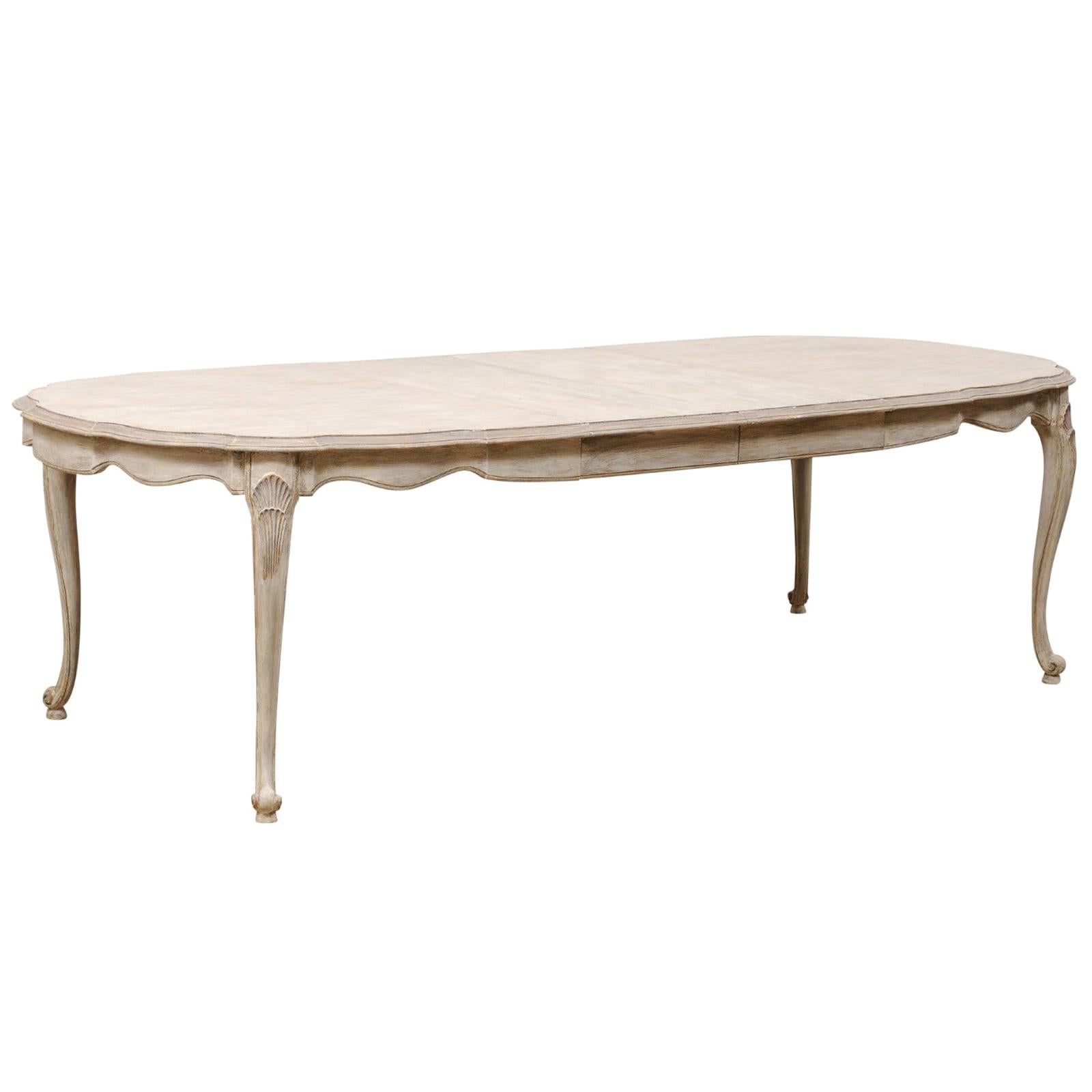 Louis XV Style Carved & Painted Wood Oval-Shaped Dining Table w/ Scalloped Apron
