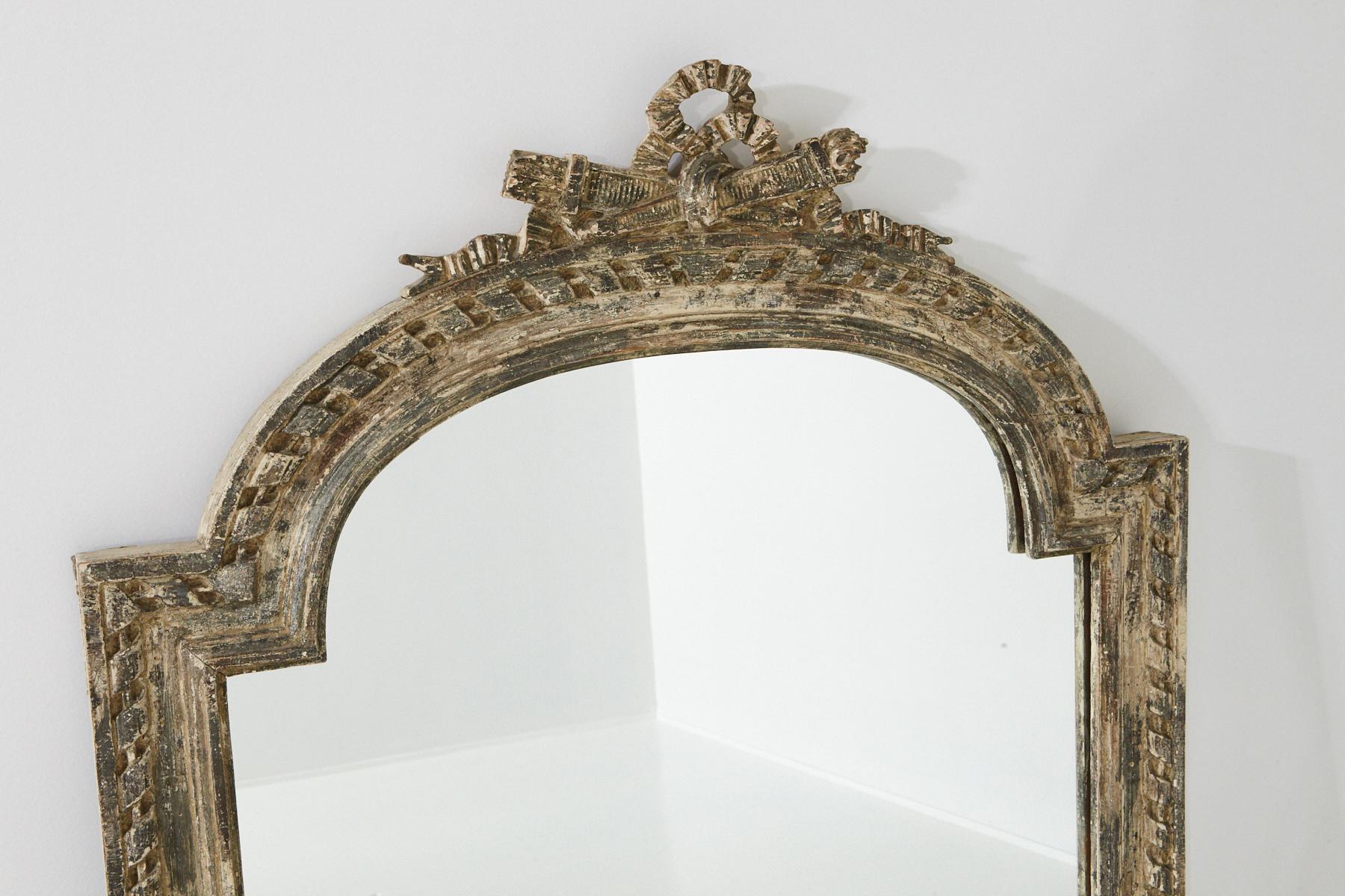 French Louis XV Style Carved Wall Mirror with Distressed Finish, France, 19th Century