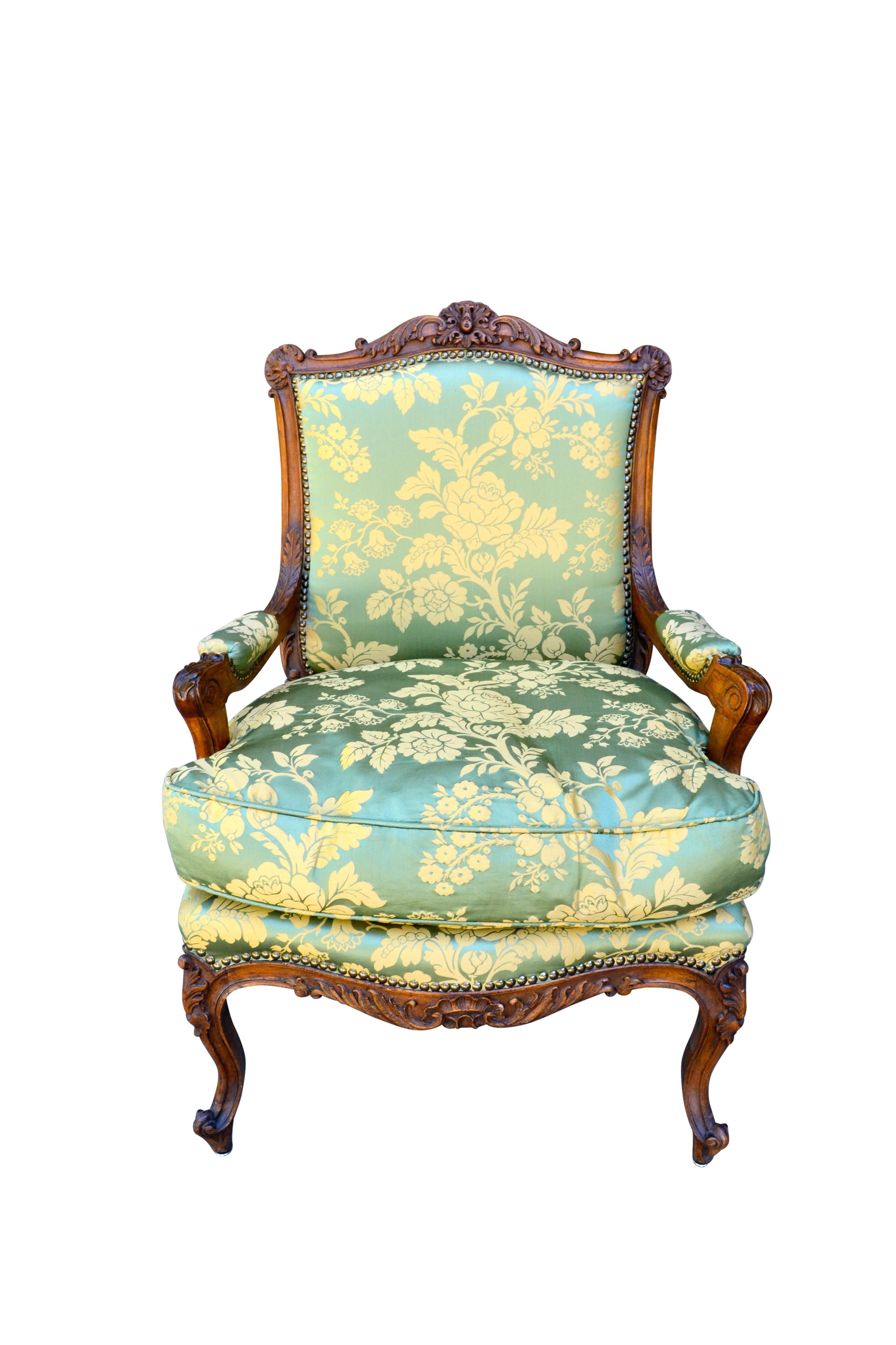 French Louis XV Style Carved Walnut Armchair