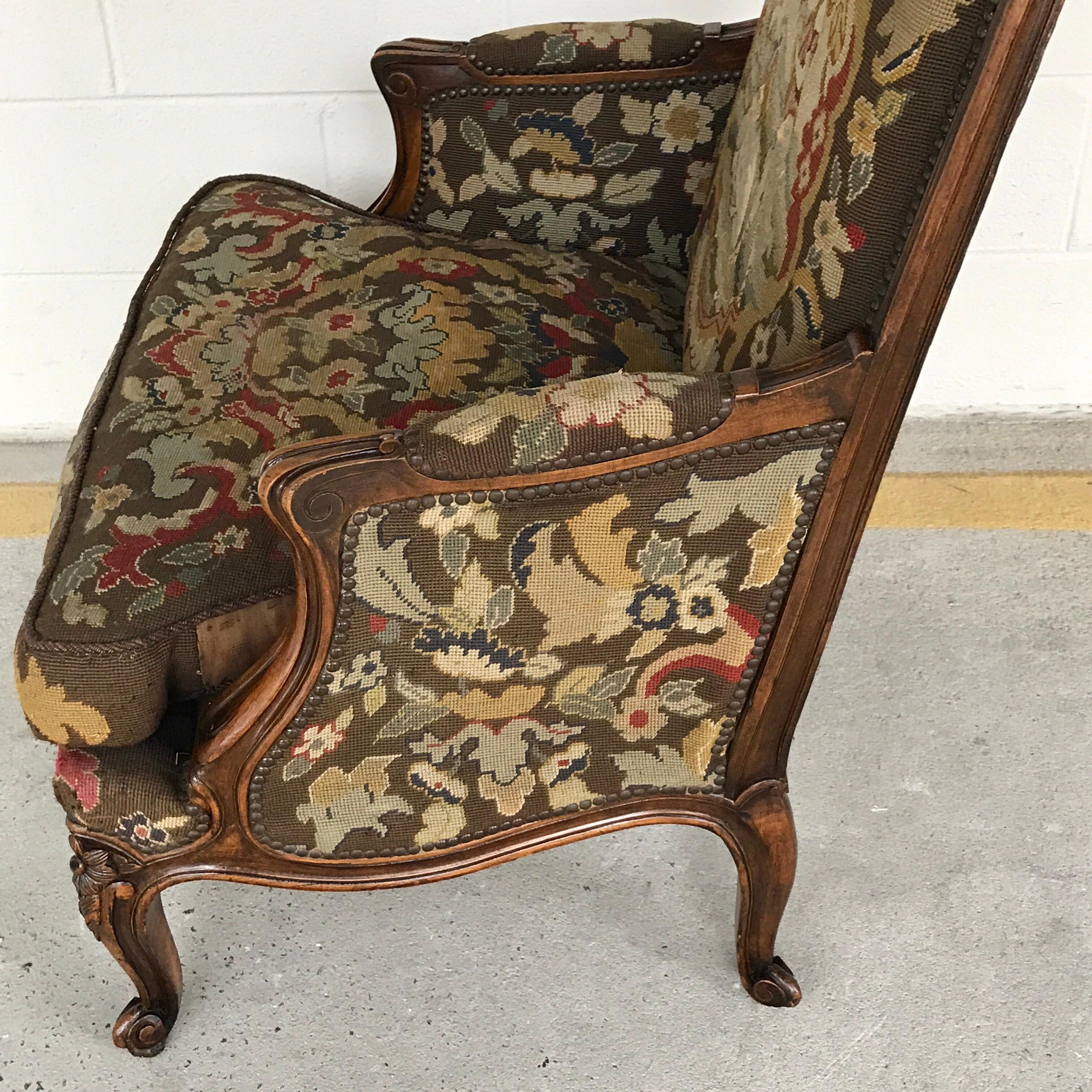 Louis XV Style Carved Walnut and Needlework Bergère Chair from Kasteel