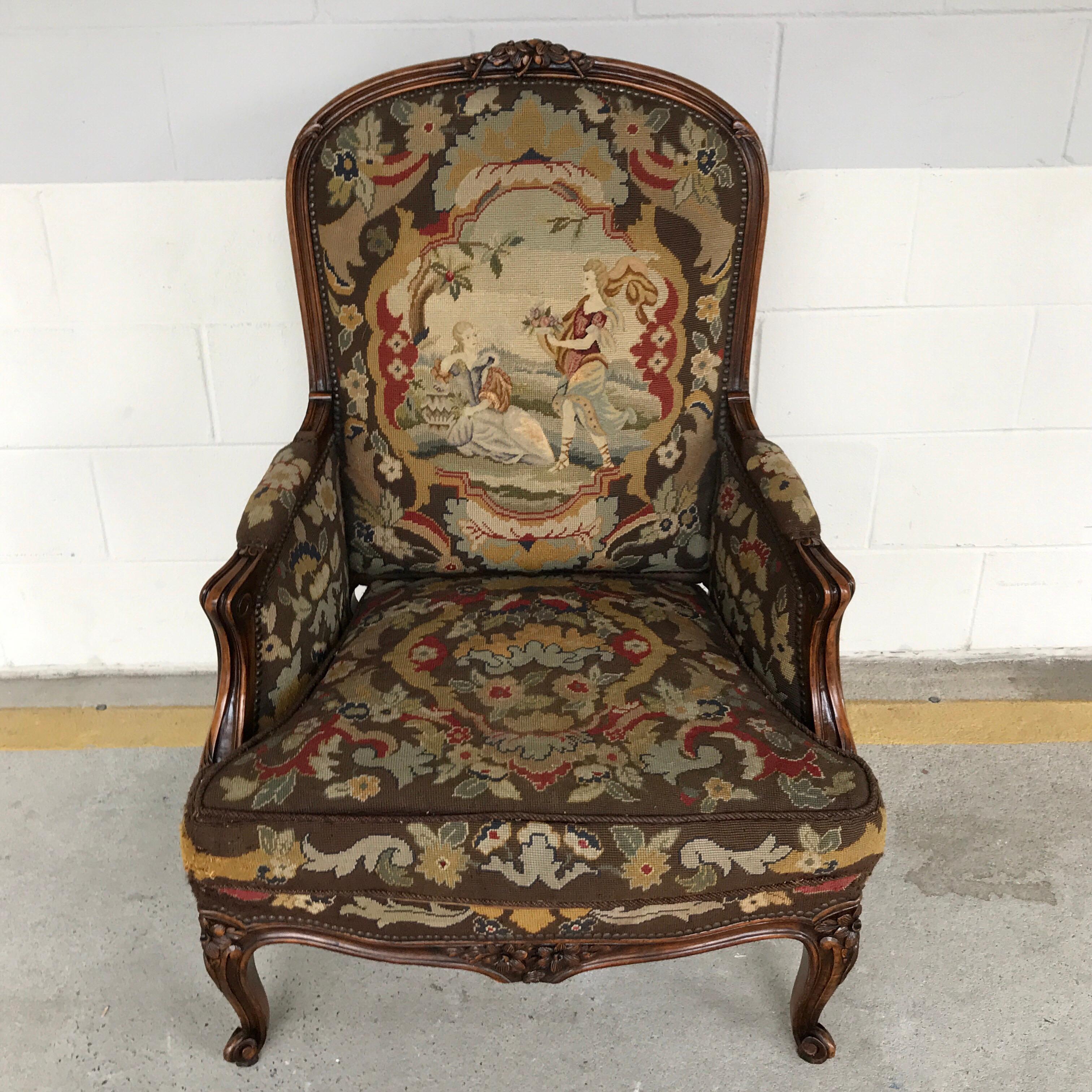 Louis XV Style Carved Walnut and Needlework Bergère Chair from Kasteel