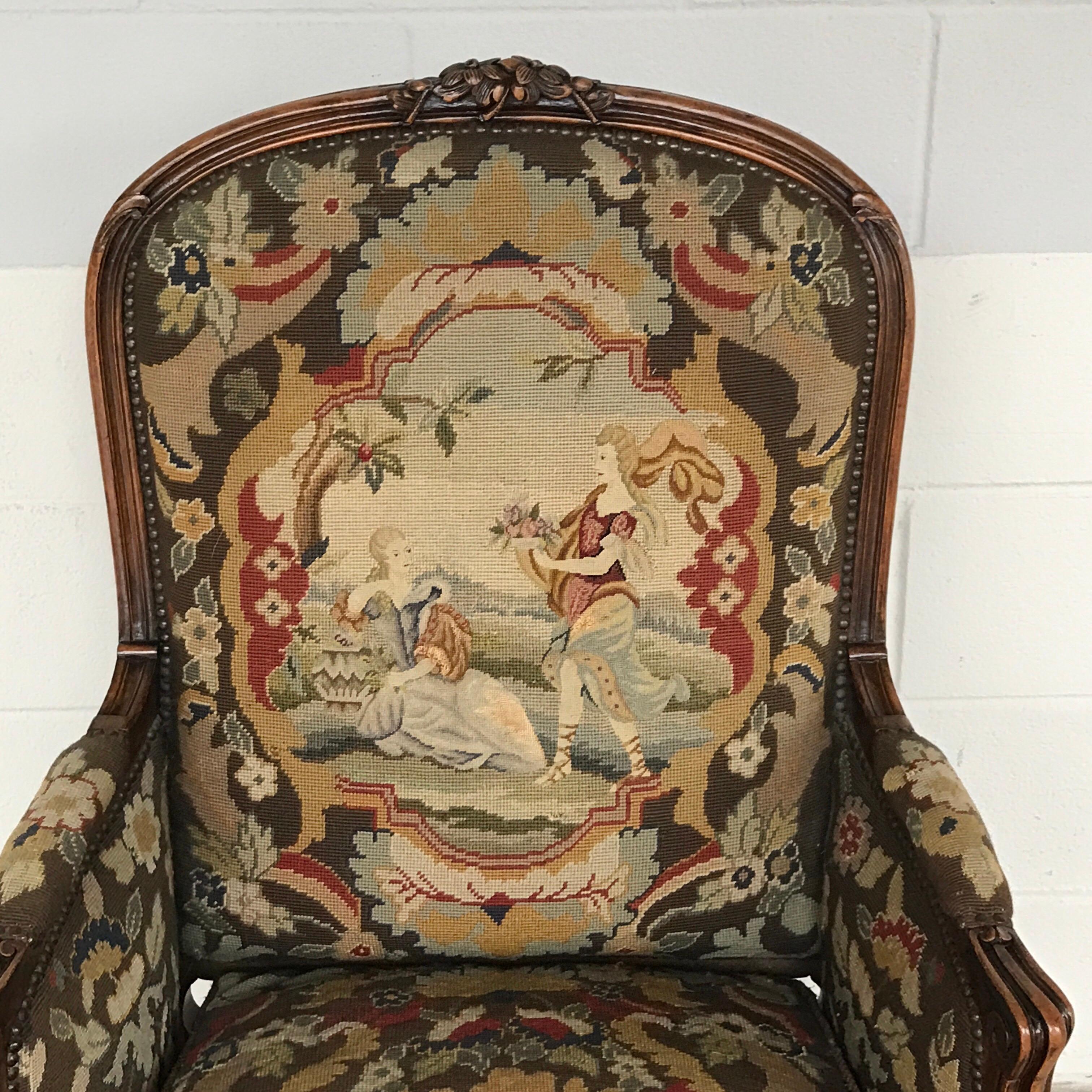 Louis XV Style Carved Walnut and Needlework Bergère Chair from Kasteel