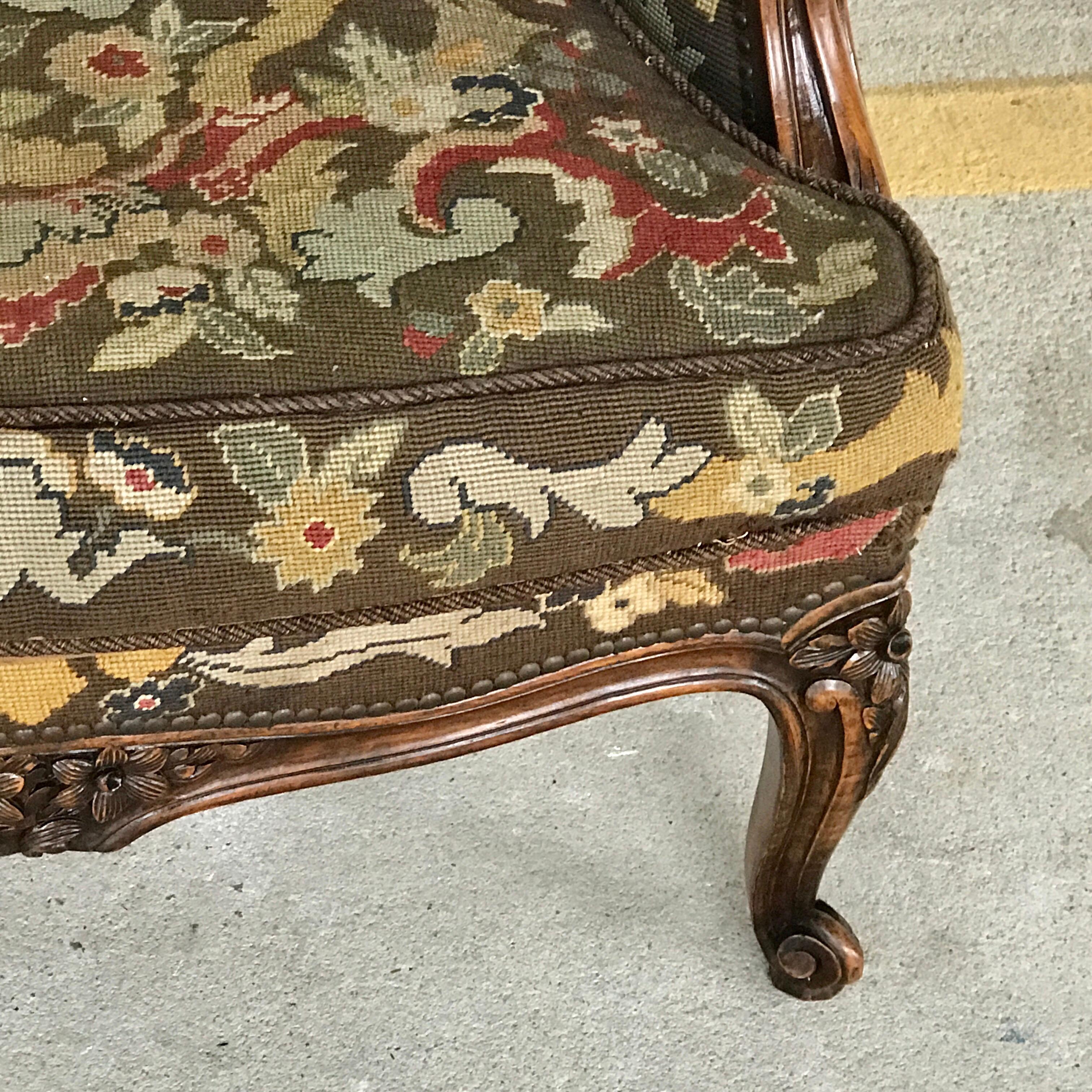 Louis XV Style Carved Walnut and Needlework Bergère Chair from Kasteel