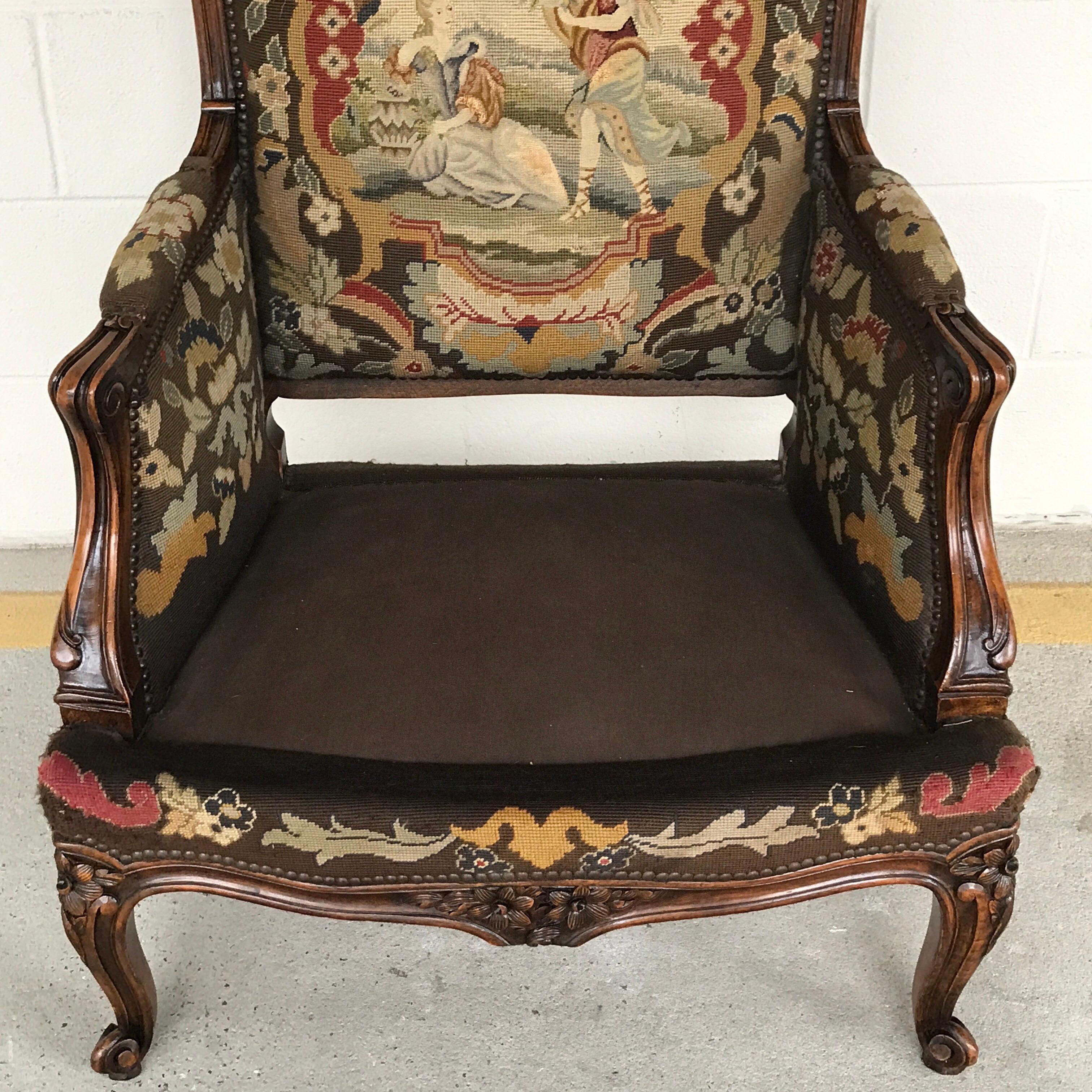 Louis XV Style Carved Walnut and Needlework Bergère Chair from Kasteel