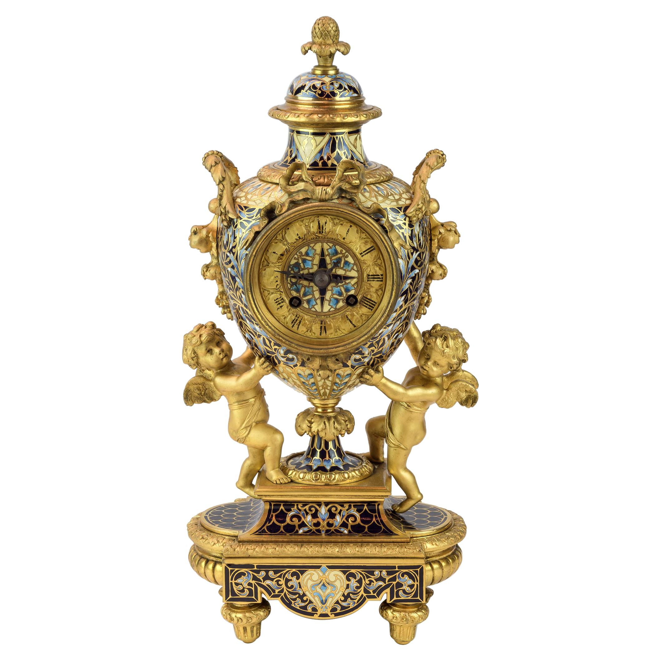 Uhr im Louis XV.-Stil aus Champleve-Emaille und vergoldeter Bronze im Angebot