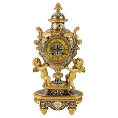 Antique Louis XV Style Champleve Enamel and Gilt Bronze Clock