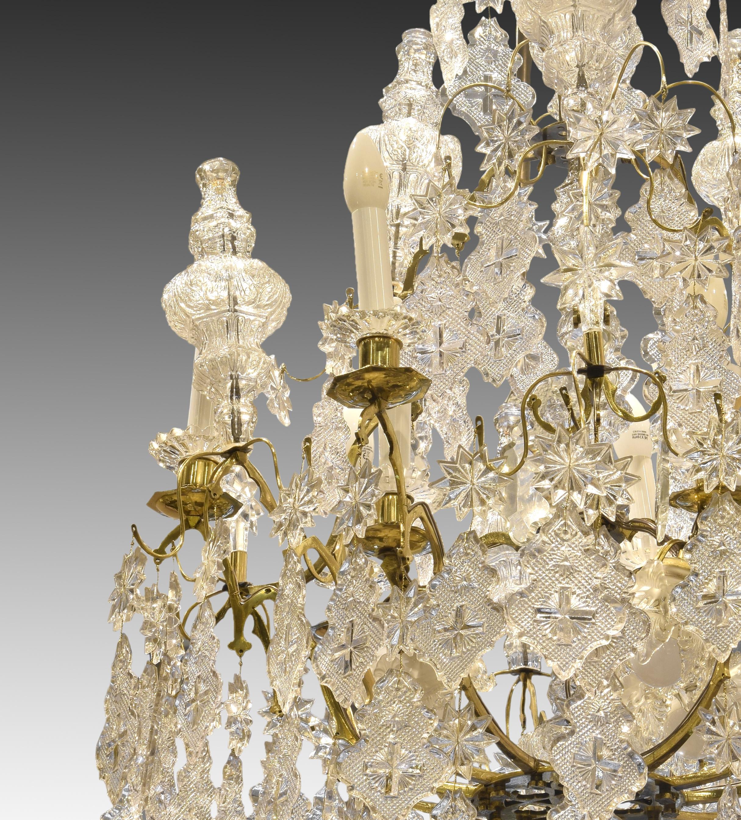 Neoclassical Louis XV Style Chandelier 12 Lights, Glass, Bronze, Baccarat, France, 19th C