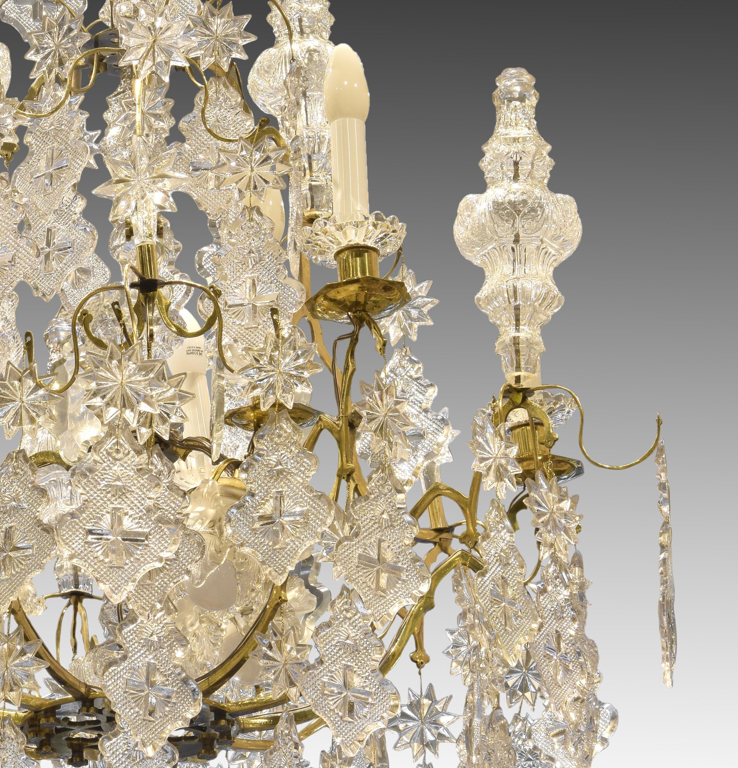 French Louis XV Style Chandelier 12 Lights, Glass, Bronze, Baccarat, France, 19th C