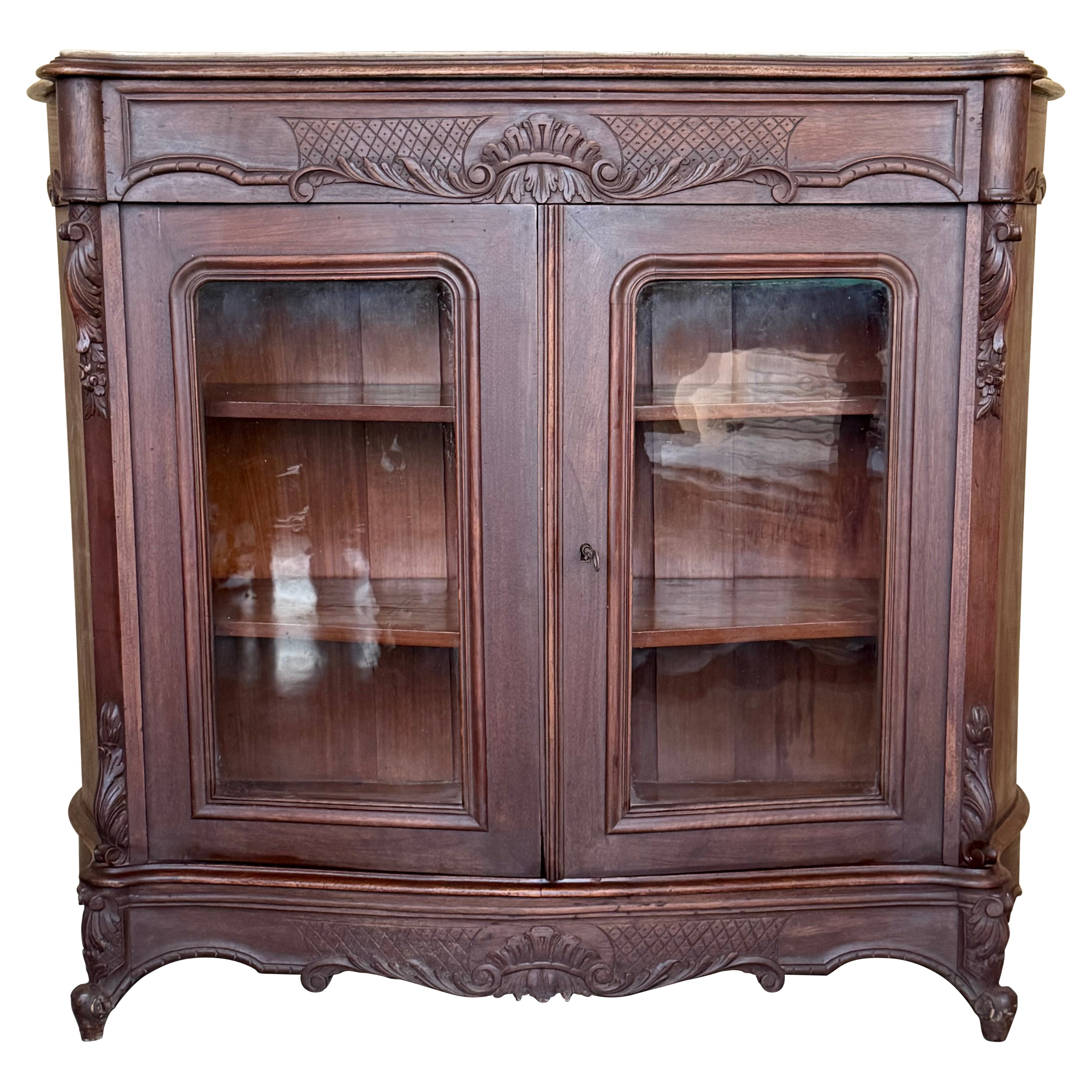 Louis XV Style Cherrywood 2 Glass Doors Drawer and Marble Top, Late 19th century For Sale