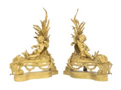 Louis XV Style Cherub Motif Brass Chenets, Pair