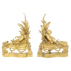 Louis XV Style Cherub Motif Brass Chenets, Pair