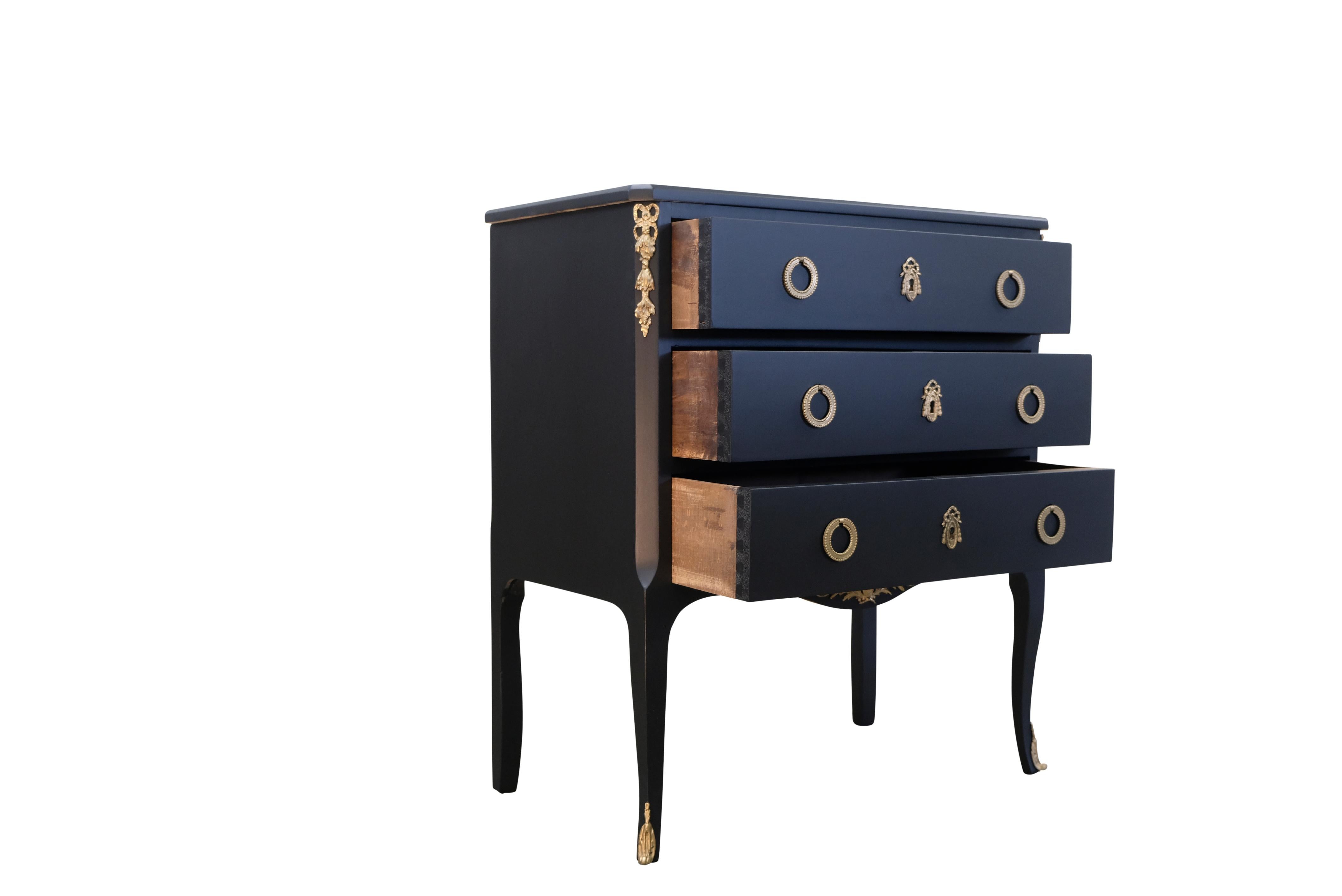 Gustavian Louis XV Style Chest in Black with Fine Brass Fittings and a Marble Top For Sale