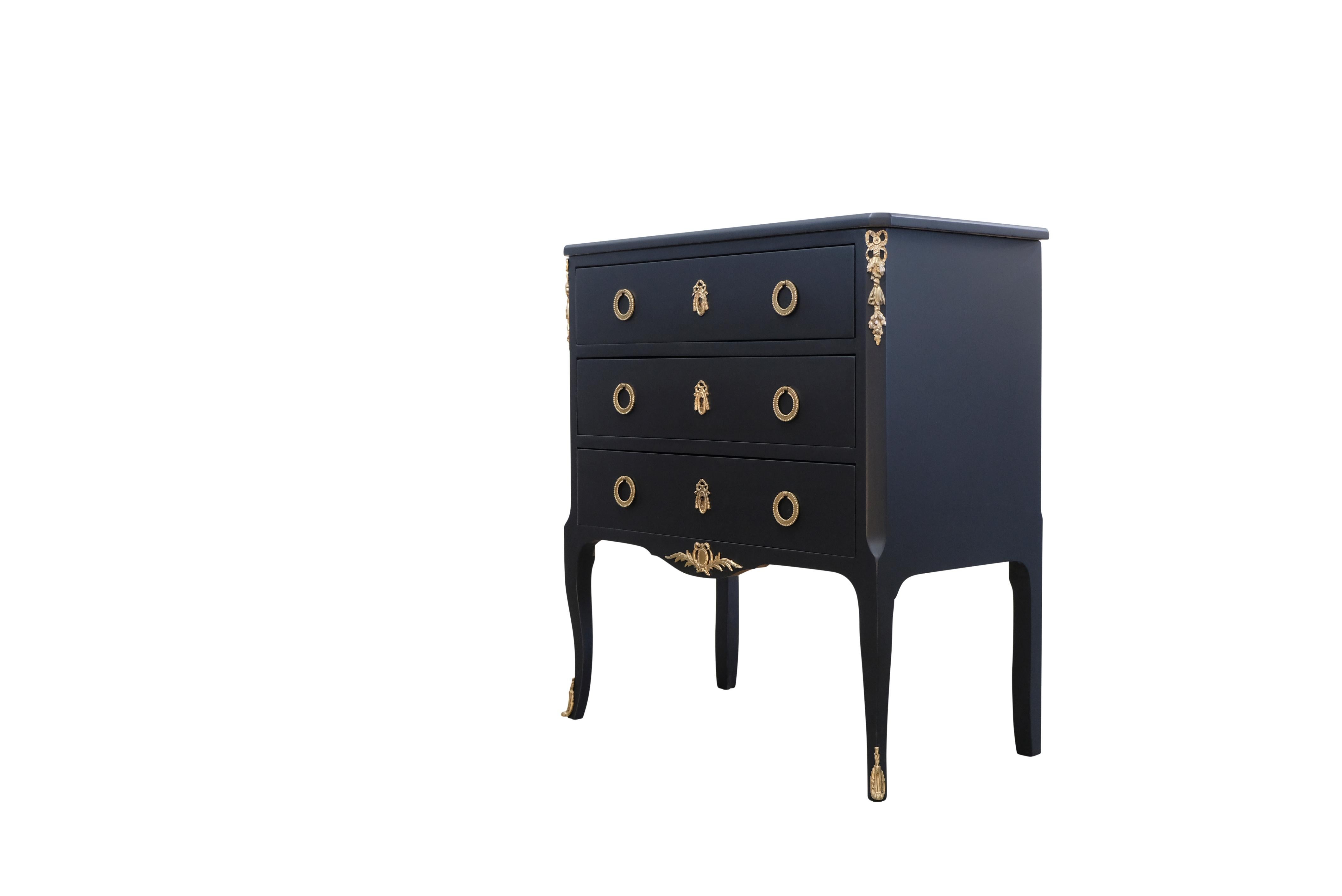 European Louis XV Style Chest in Black with Fine Brass Fittings and a Marble Top For Sale