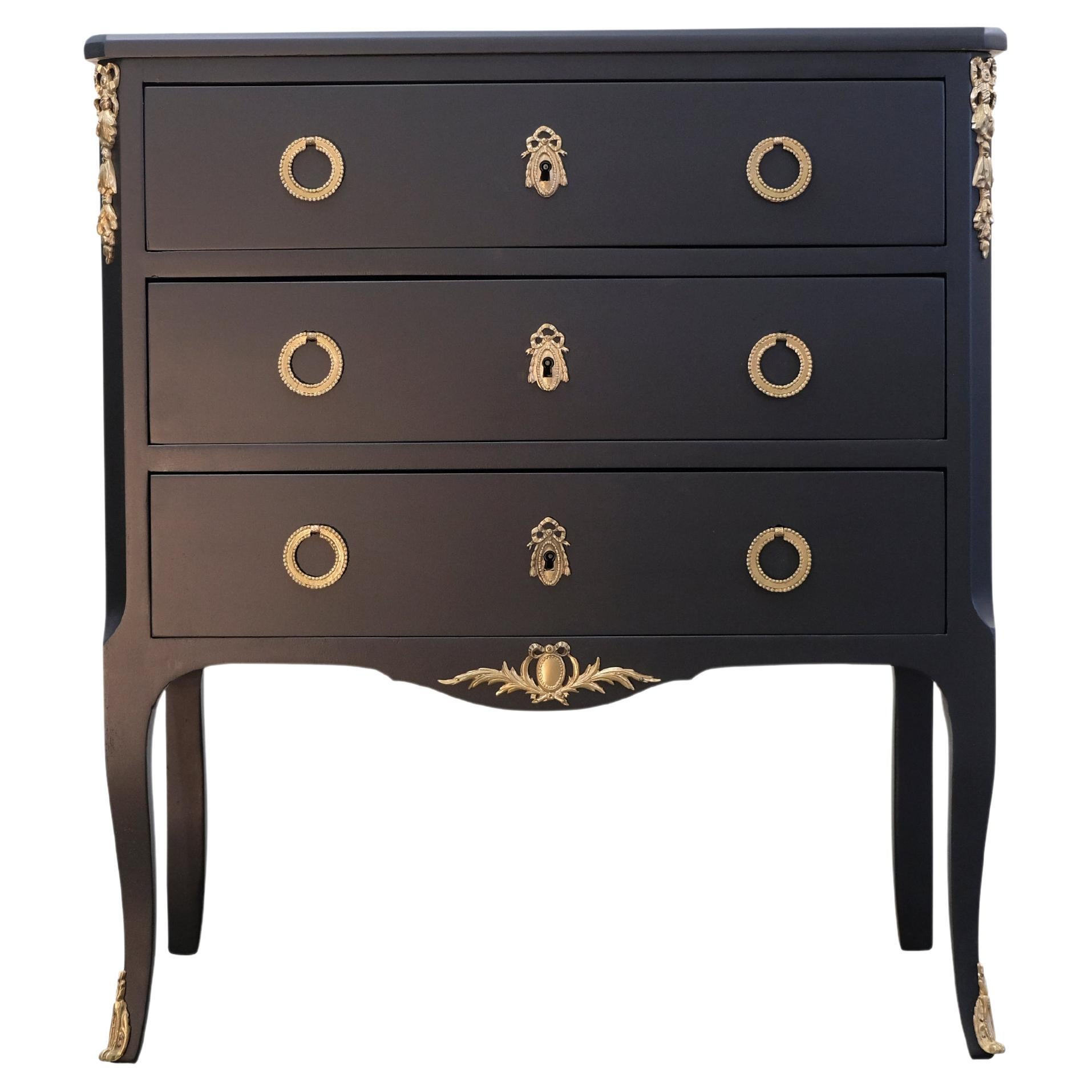 Louis XV Style Chest in Black with Fine Brass Fittings and a Marble Top For Sale