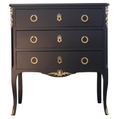 Vintage Louis XV Style Chest in Black with Fine Brass Fittings and a Marble Top