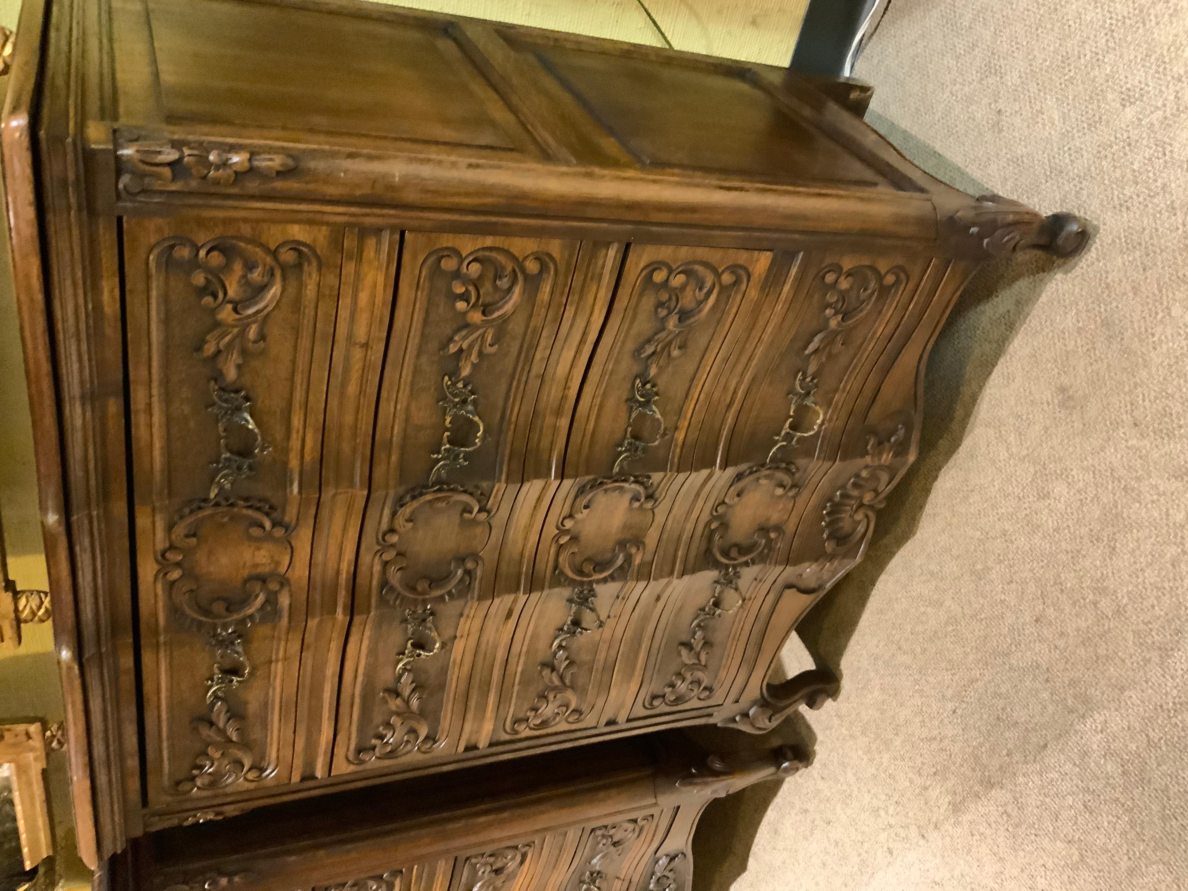 French Louis XV-Style Chest of Drawers, Dark Oak, Hand Carved 19th C. For Sale