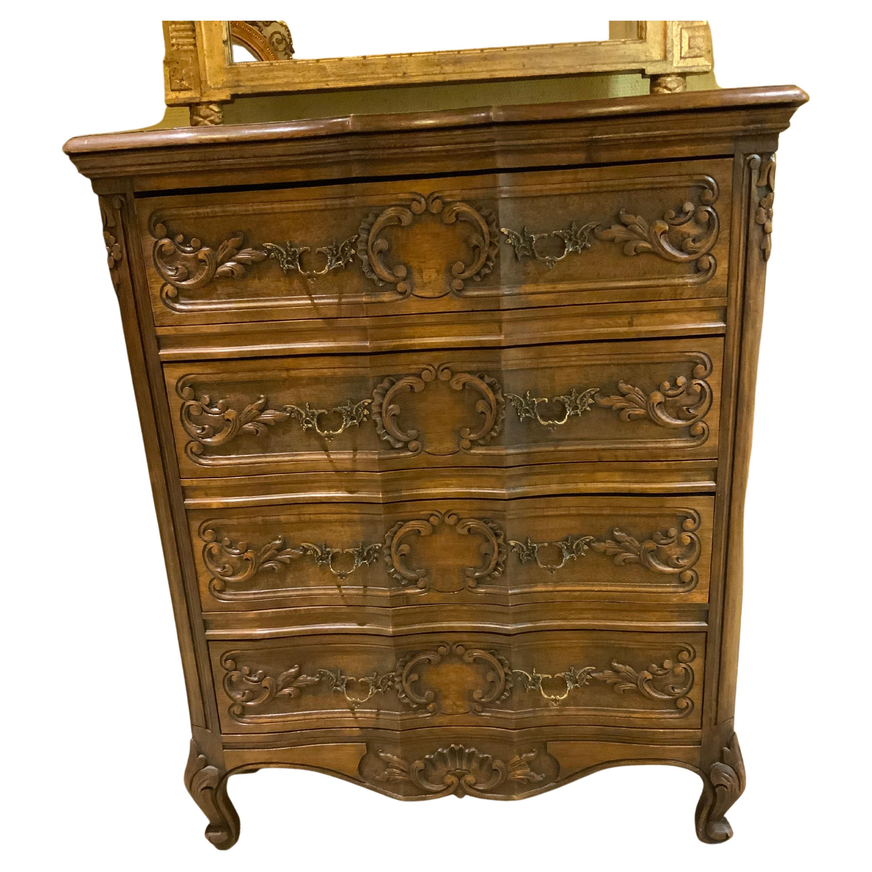 Louis XV-Style Chest of Drawers, Dark Oak, Hand Carved 19th C. For Sale